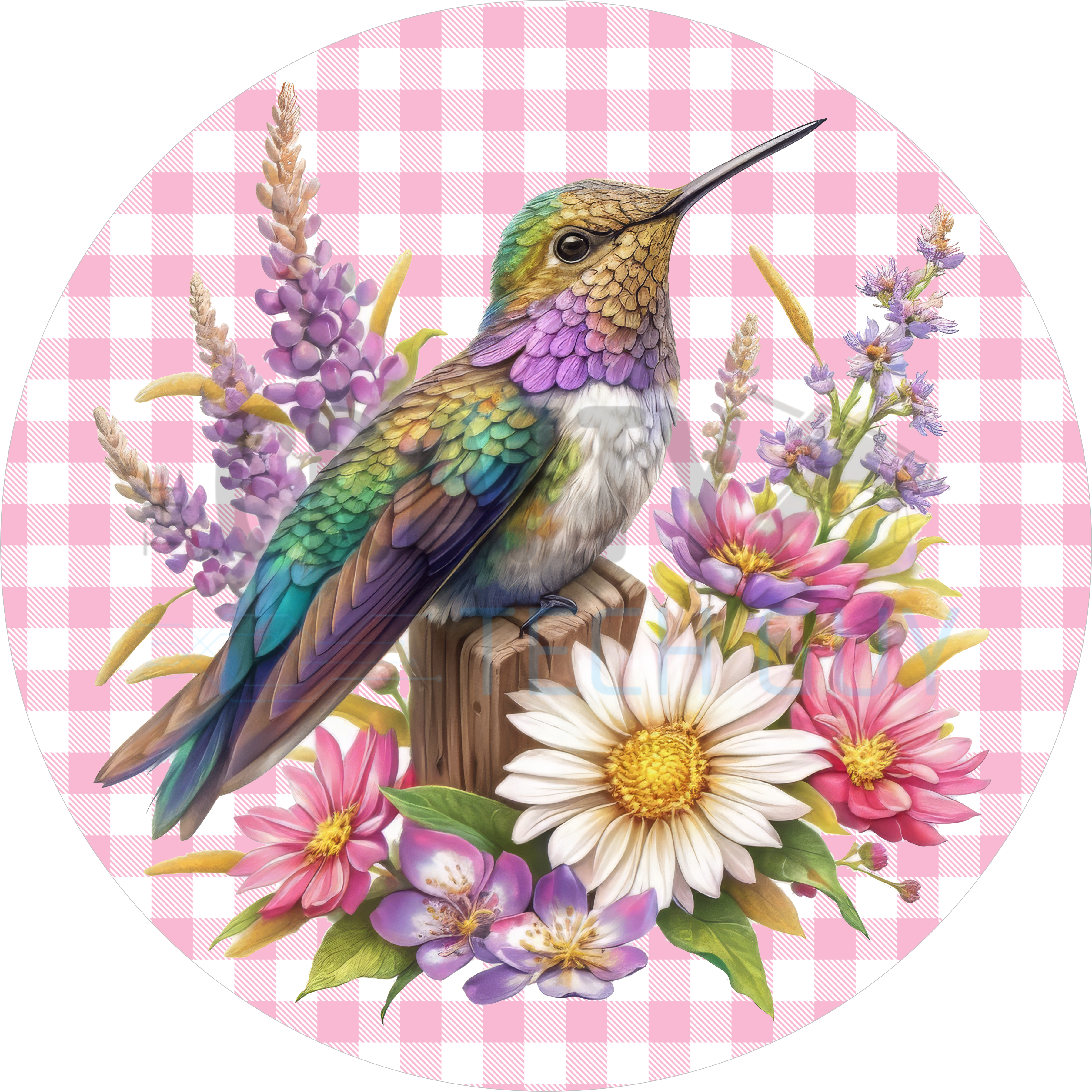 Hummingbird Floral Door Sign – Spring Garden Decor with Pink Gingham & Colorful Flowers