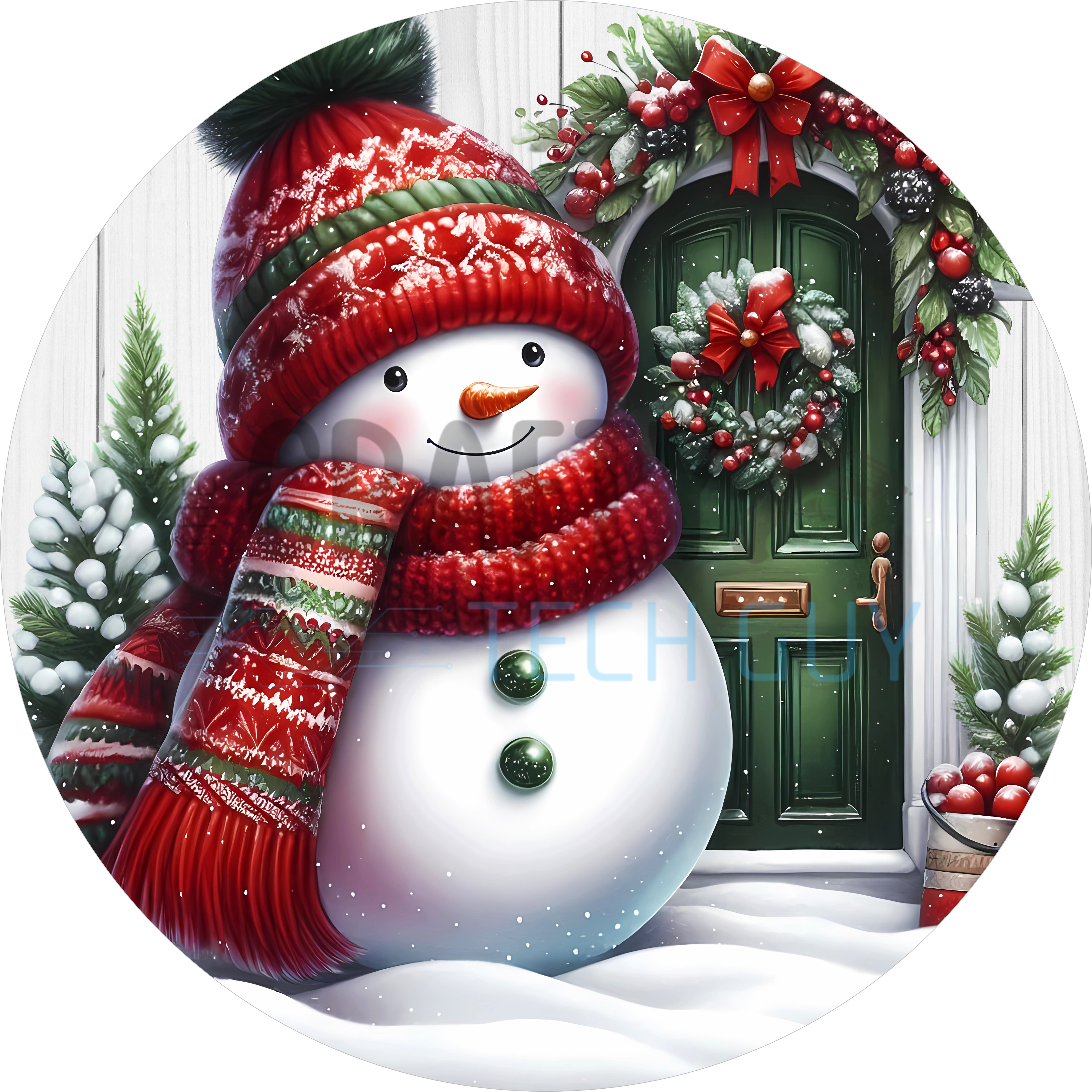Letrero de porche delantero de invierno con muñeco de nieve, corona navideña con puerta verde y bufanda roja, letrero de bienvenida para decoración festiva del hogar.
