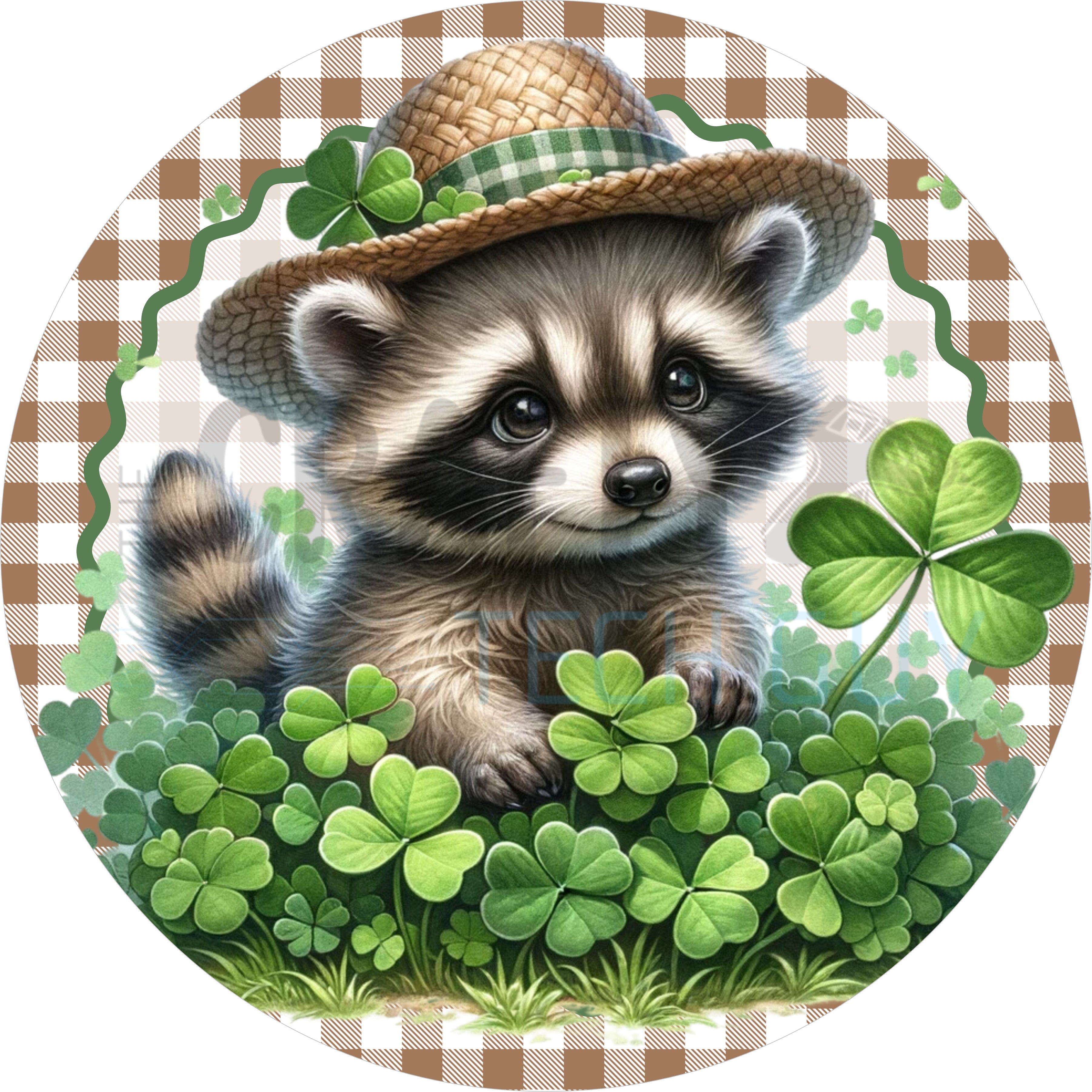 St. Patrick’s Day Raccoon Round Wreath Sign – Lucky Shamrock Woodland Irish Decor