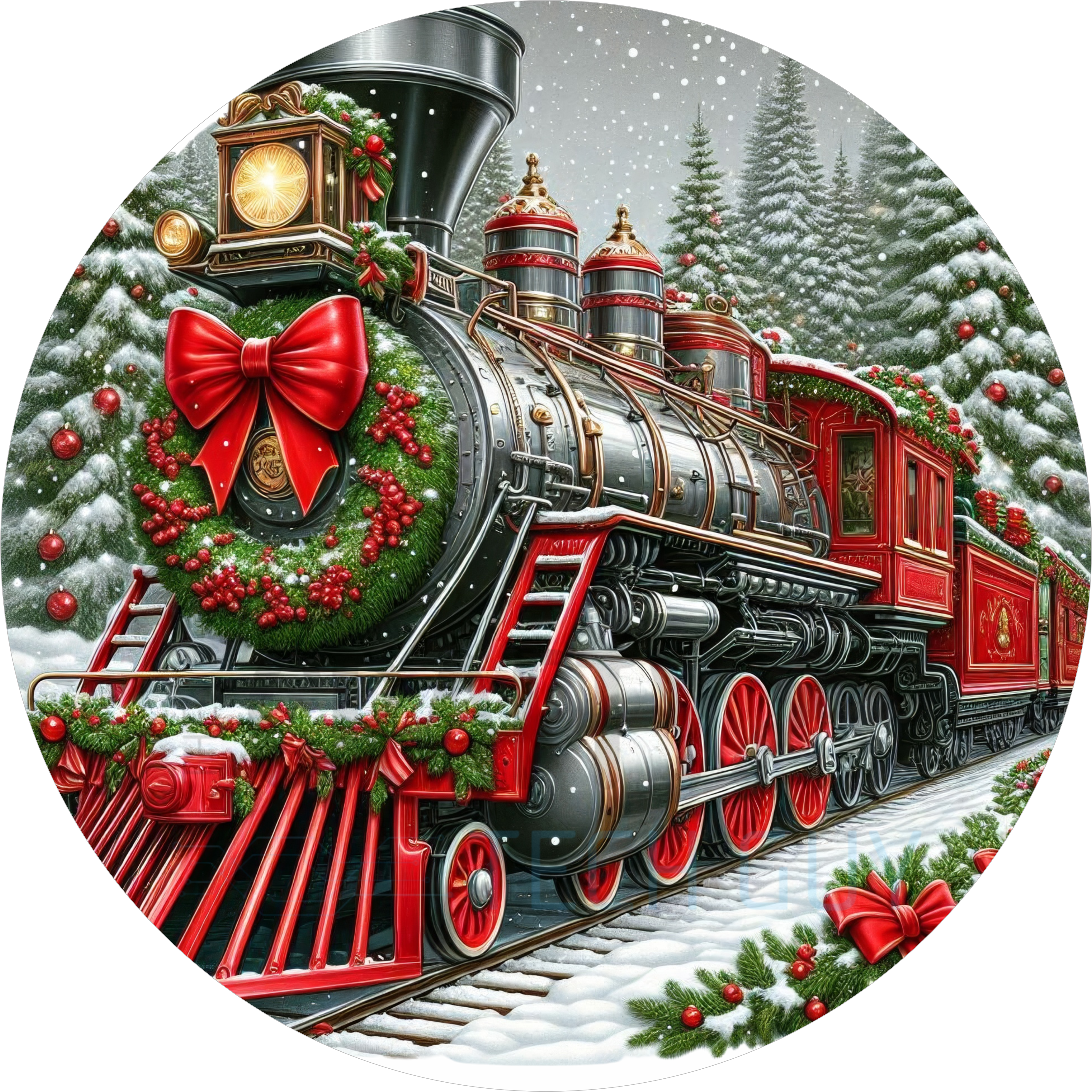 Vintage Christmas Train Wreath Sign with Holiday Wreath and Red Bows, Perfect for Winter Wonderland Decor