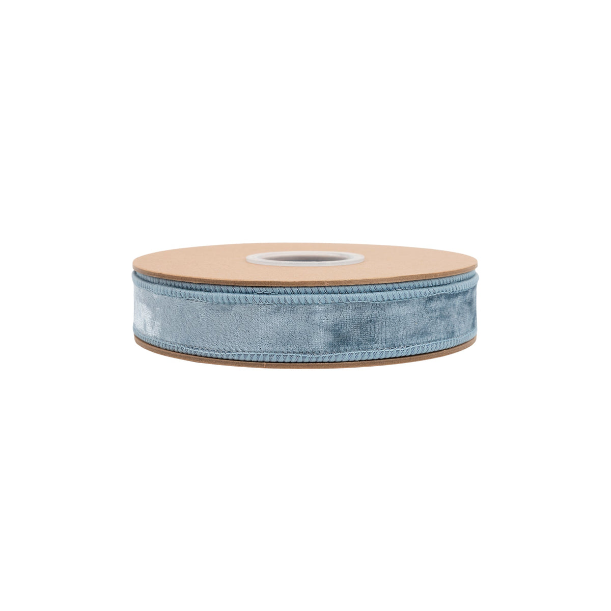 Close Up of French Blue Heritage Velvet Pile on Narrow Wired Wreath Ribbon