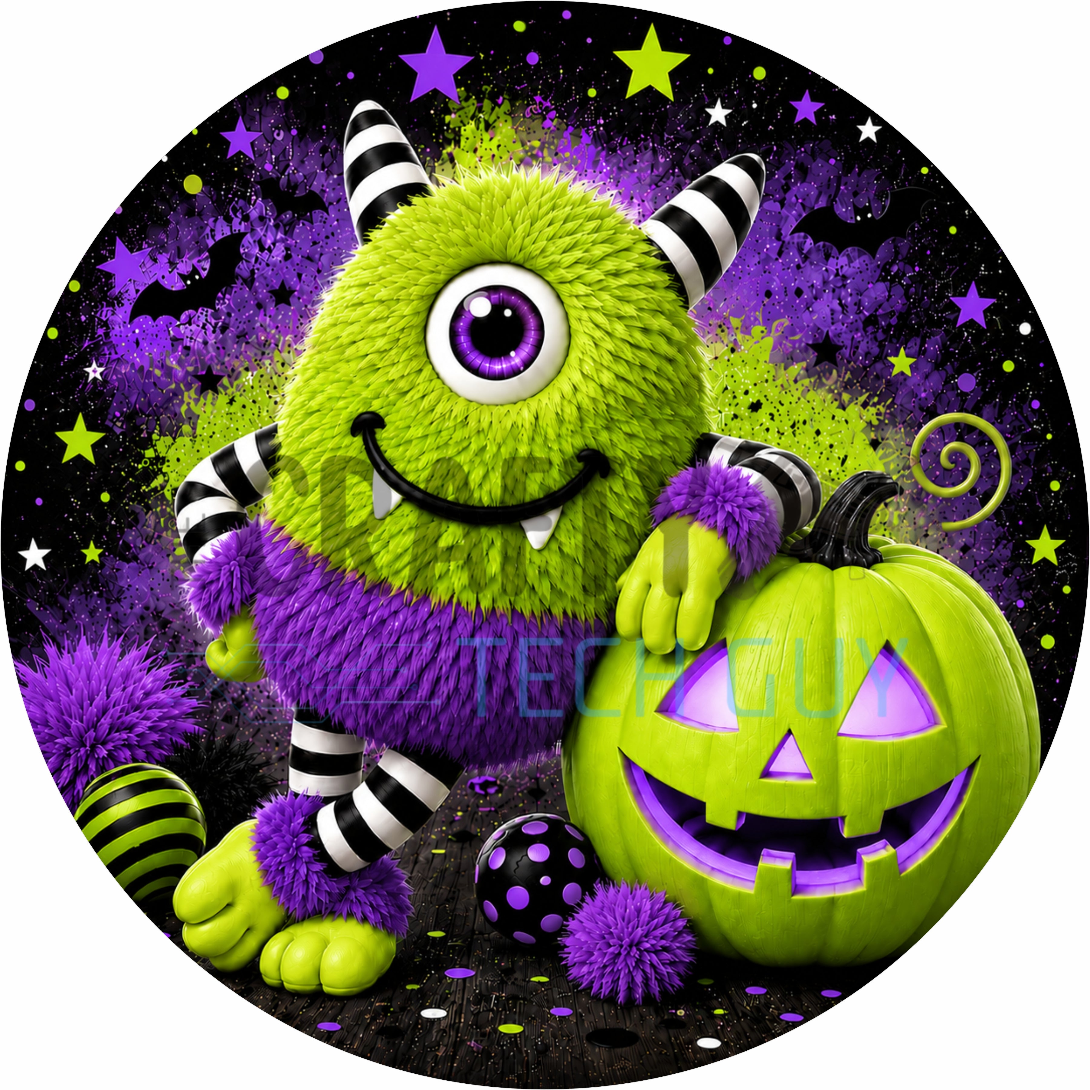 Lime Green Halloween Monster with Purple Pumpkin Round Wreath Sign