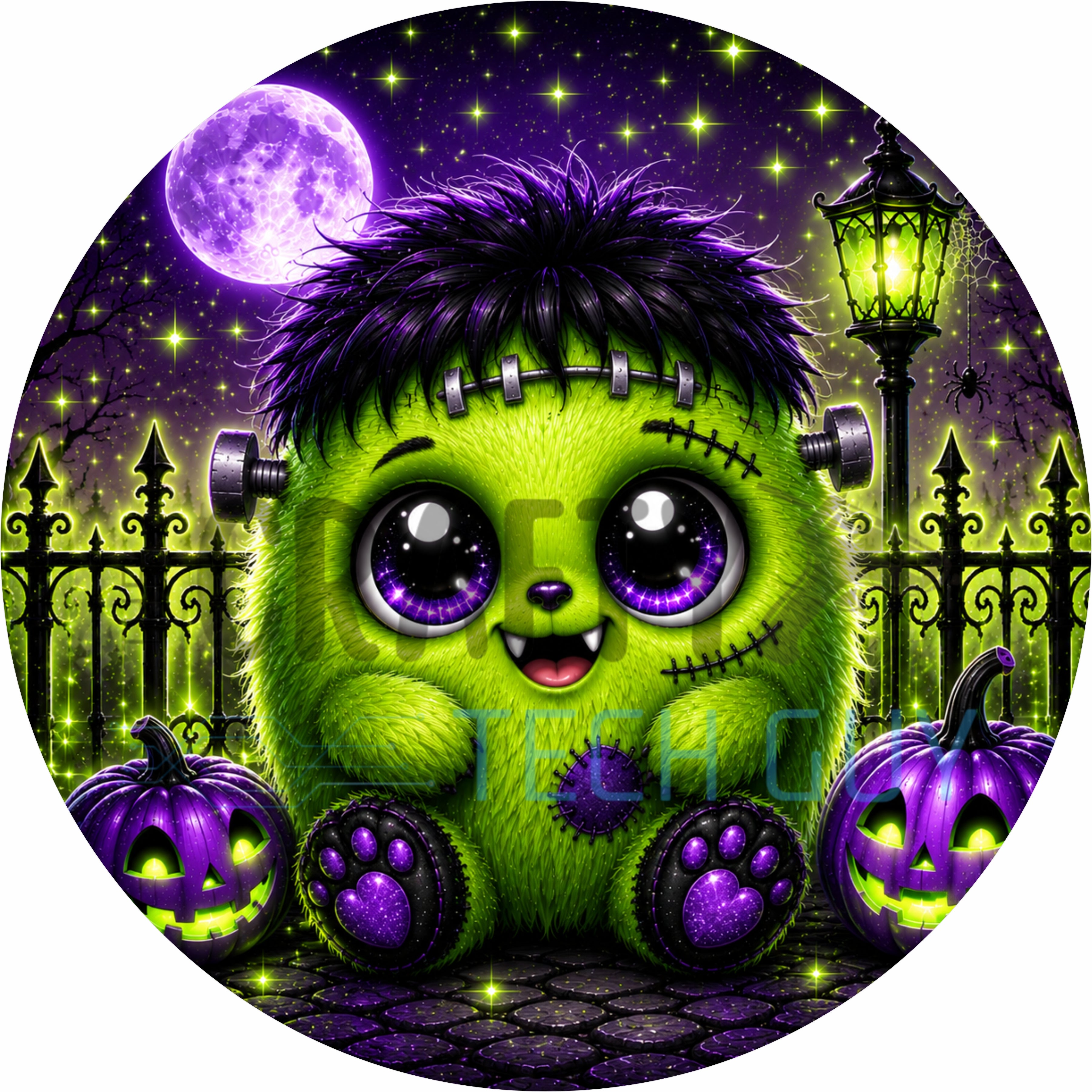 Cute Frankenstein Monster Halloween Round Wreath Sign