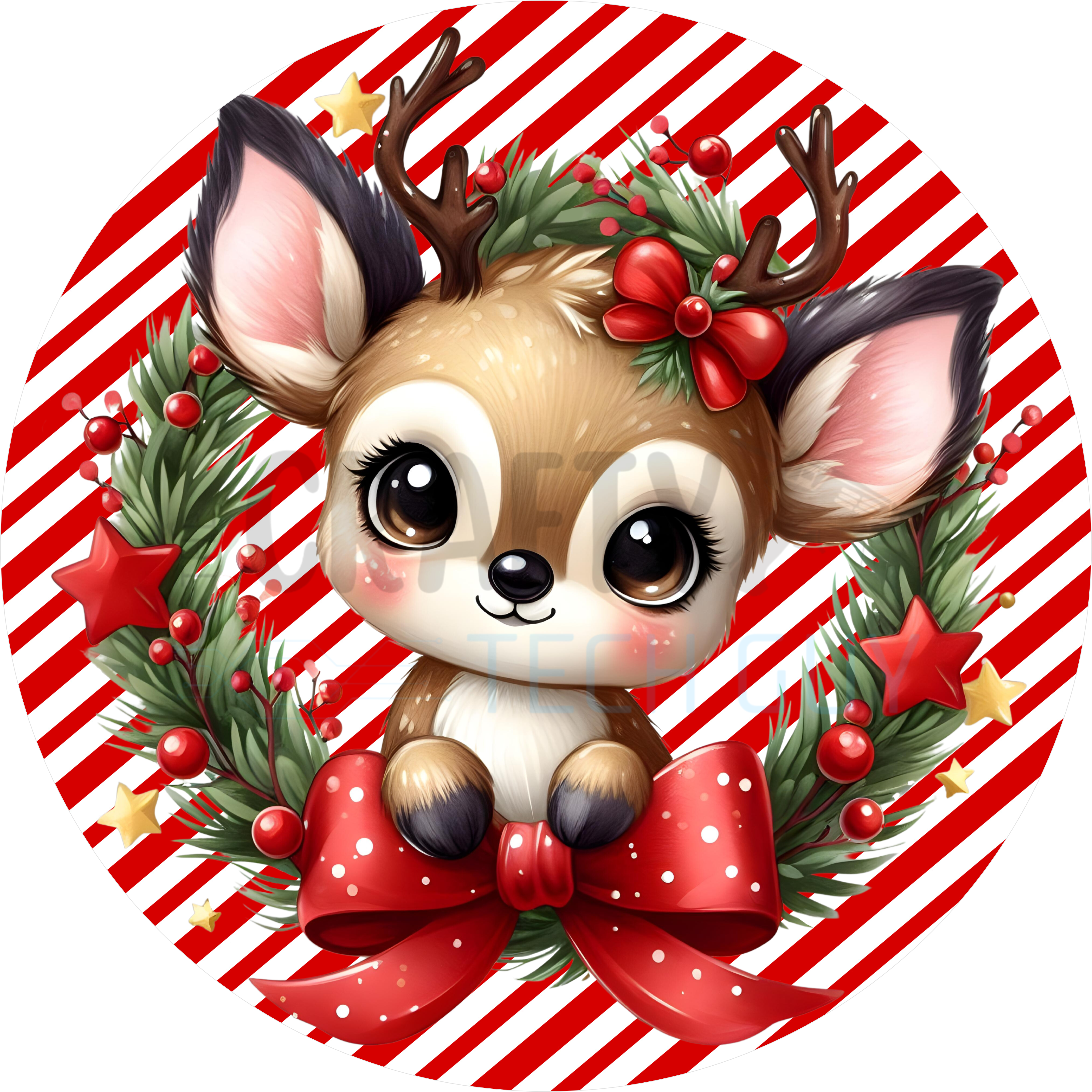 Cute Christmas Deer Wreath Sign with Candy Cane Stripes and Red Bow, Adorable Holiday Decor for Wreaths