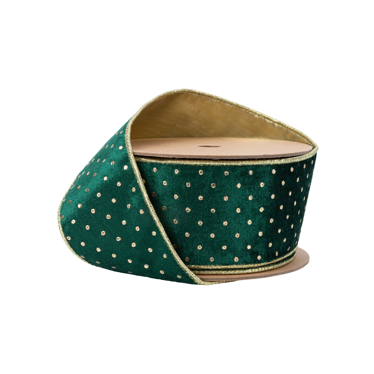 2.5 Inch 10 Yard Dark Green Wired Velvet Ribbon with Gold Metallic Dots on Spool