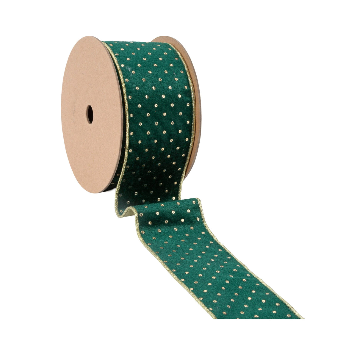 Close Up of Gold Dots on Dark Green Wired Velvet Wreath Ribbon