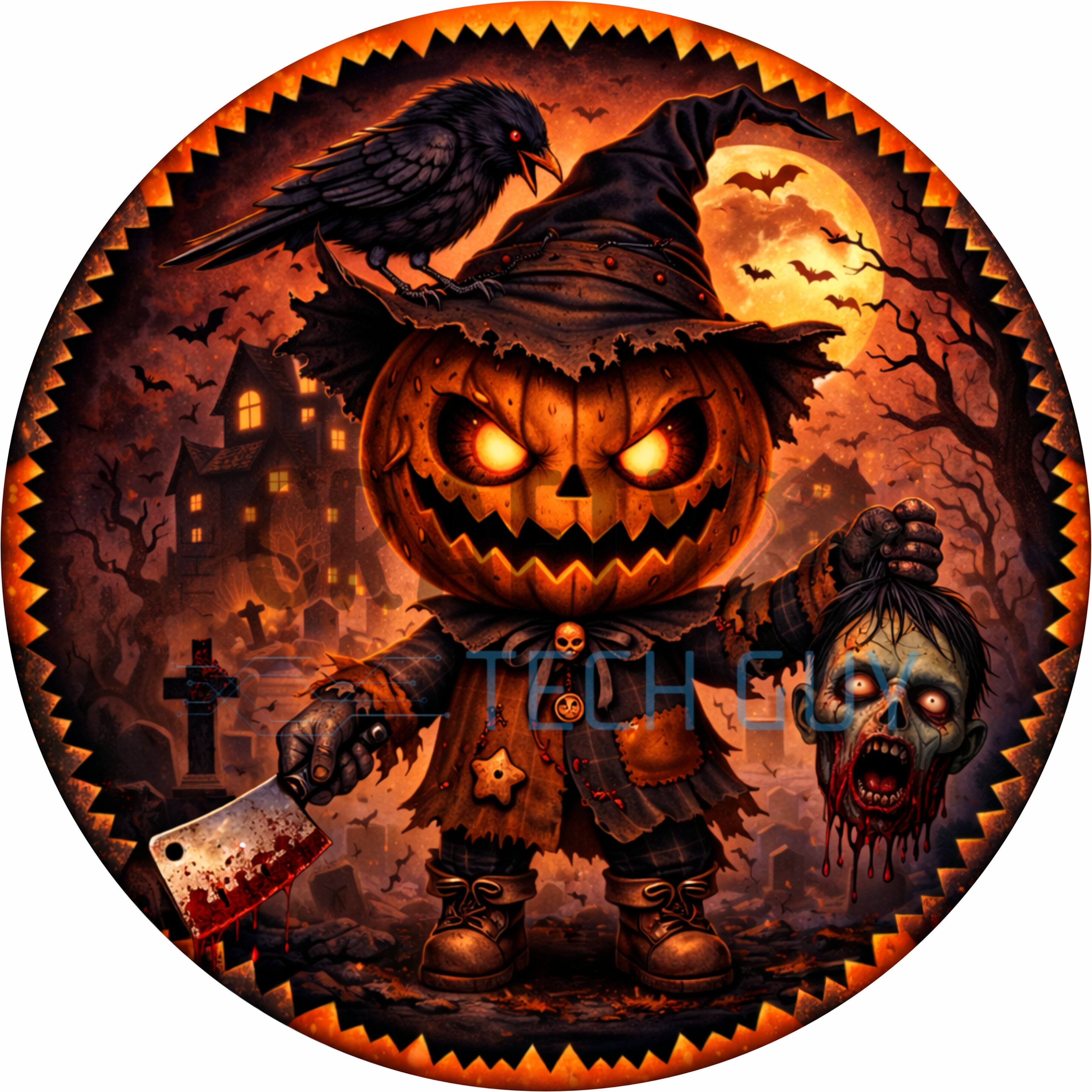 Creepy Scarecrow Pumpkin Halloween Round Wreath Sign