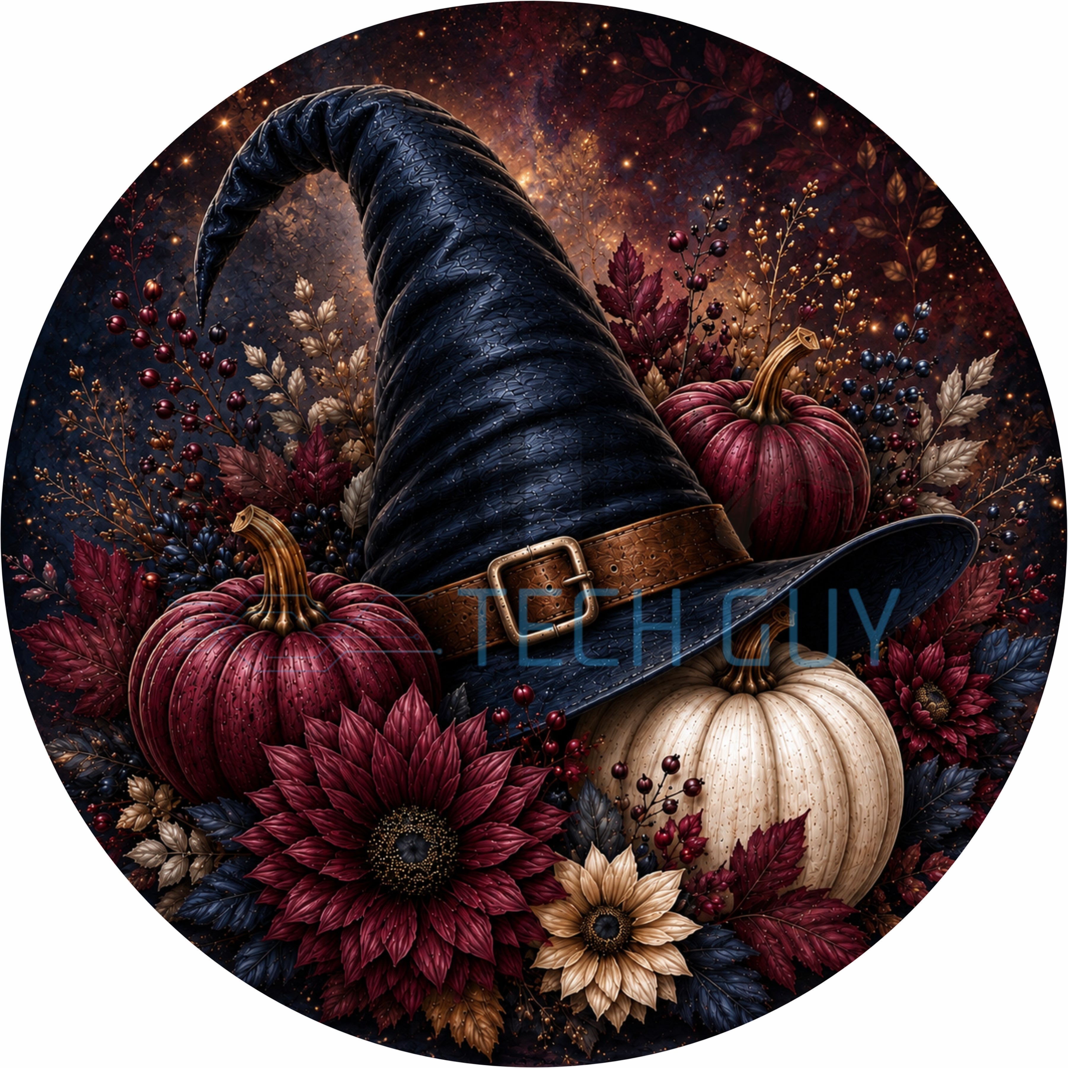 Burgundy Floral Witch Hat Autumn Halloween Round Wreath Sign
