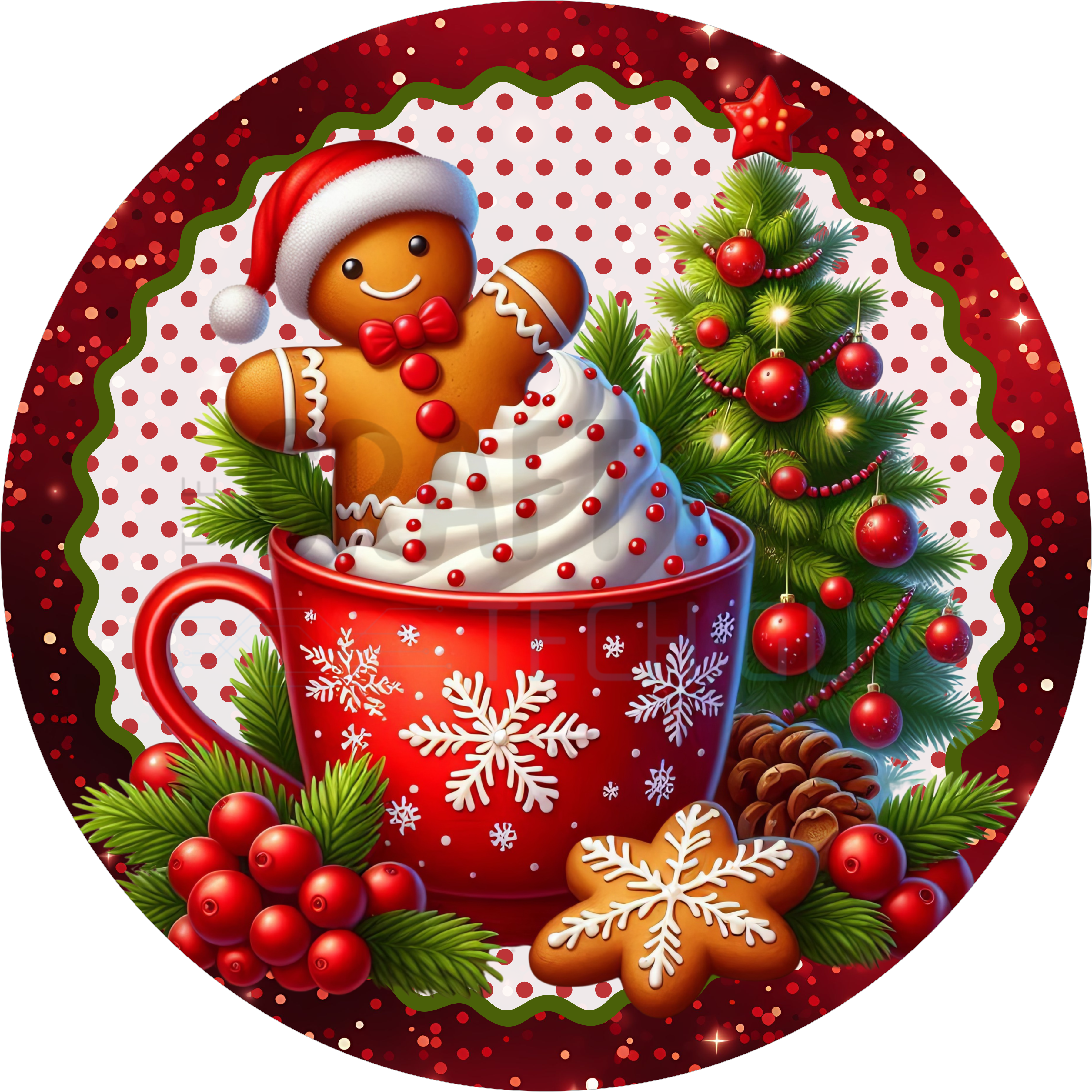 Whimsical Gingerbread Hot Cocoa Christmas Sign with Red Mug and Tree, Holiday Wreath Decor for Bakers and Cocoa Bars