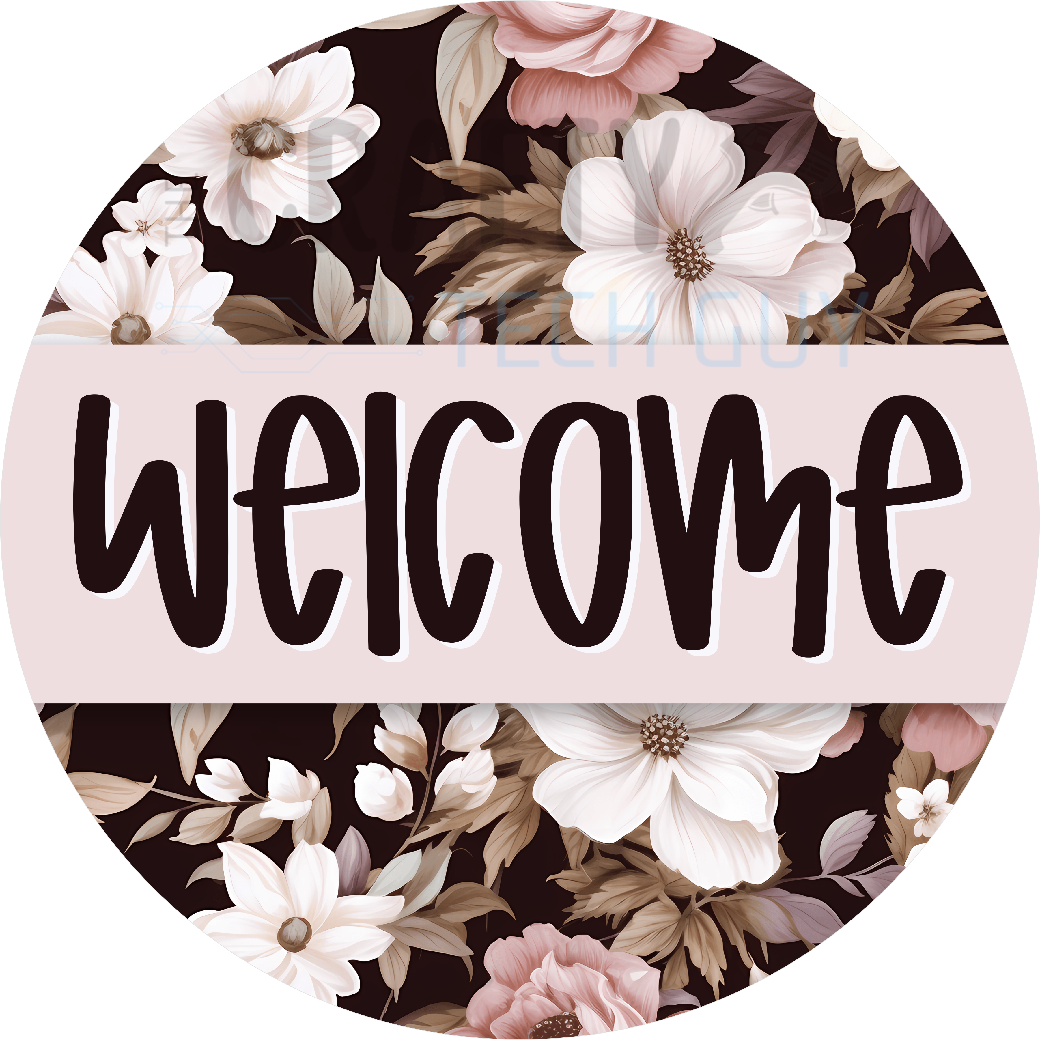 Elegant Floral Welcome Sign with Neutral Blossoms, Soft Blush Accents, and Modern Minimalist Style on Deep Brown Background