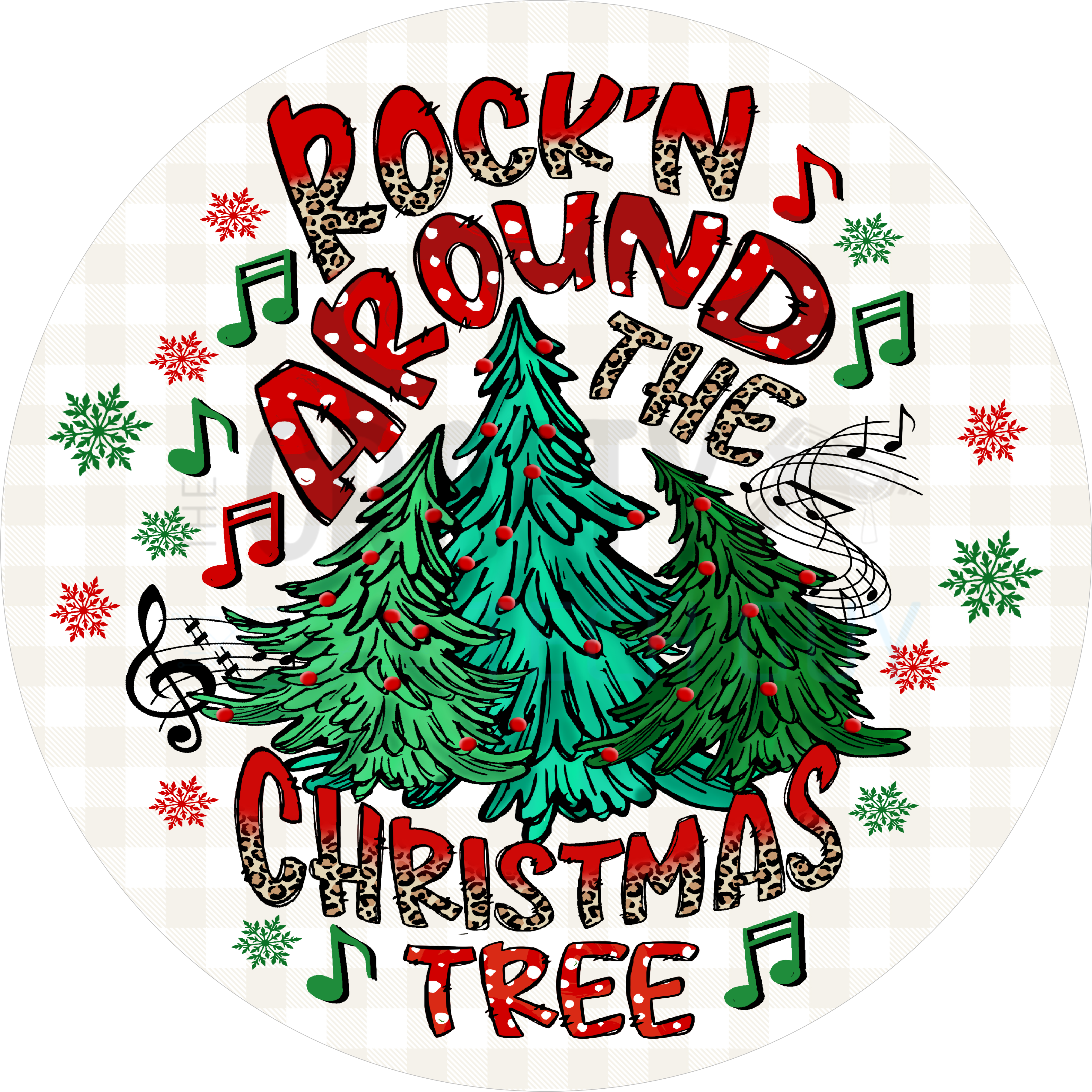 Christmas Tree Rock’n Holiday Round Sign with Music Notes