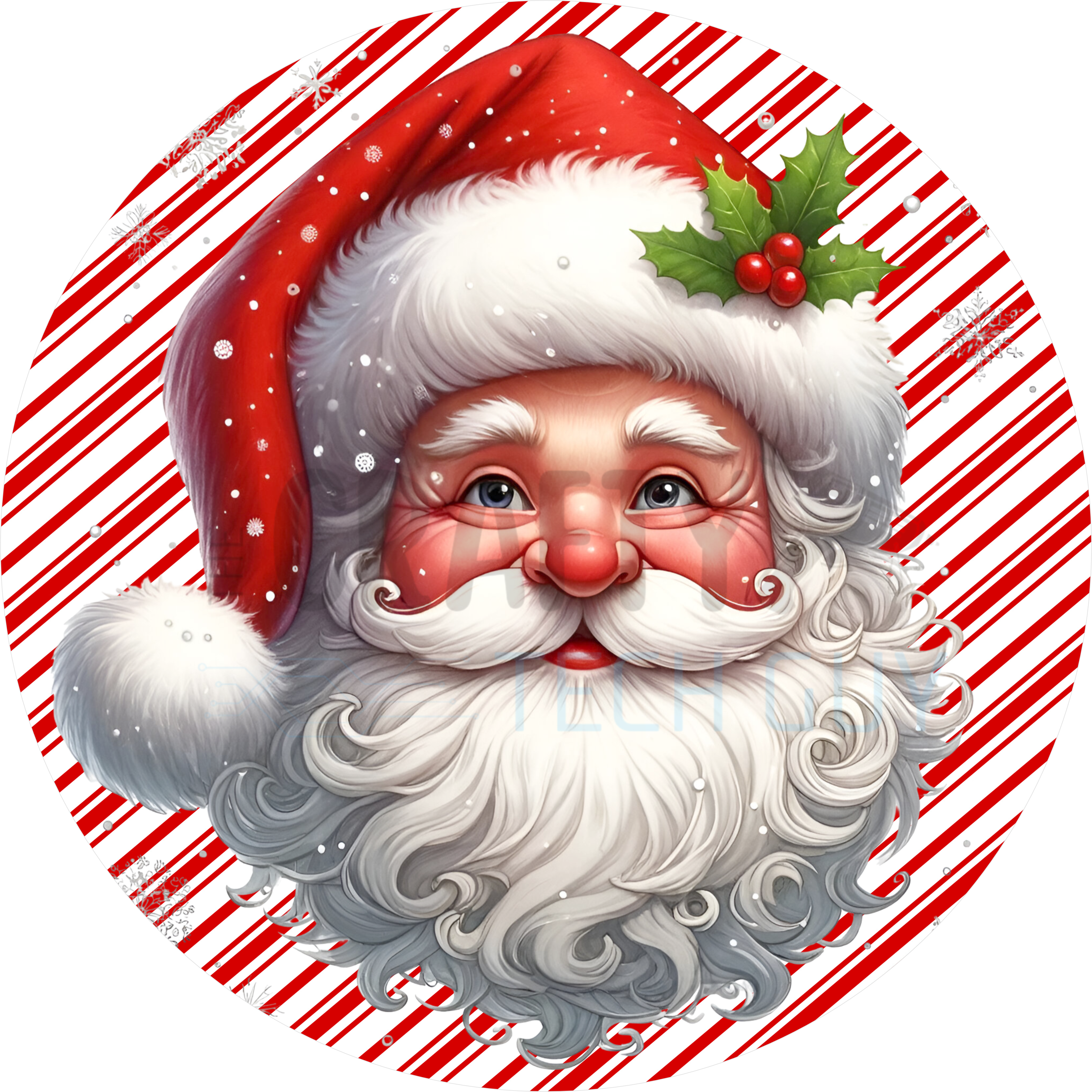 Classic Santa Claus Christmas Sign with Candy Cane Stripes and Holly, Jolly Wreath Accent for Holiday Decor