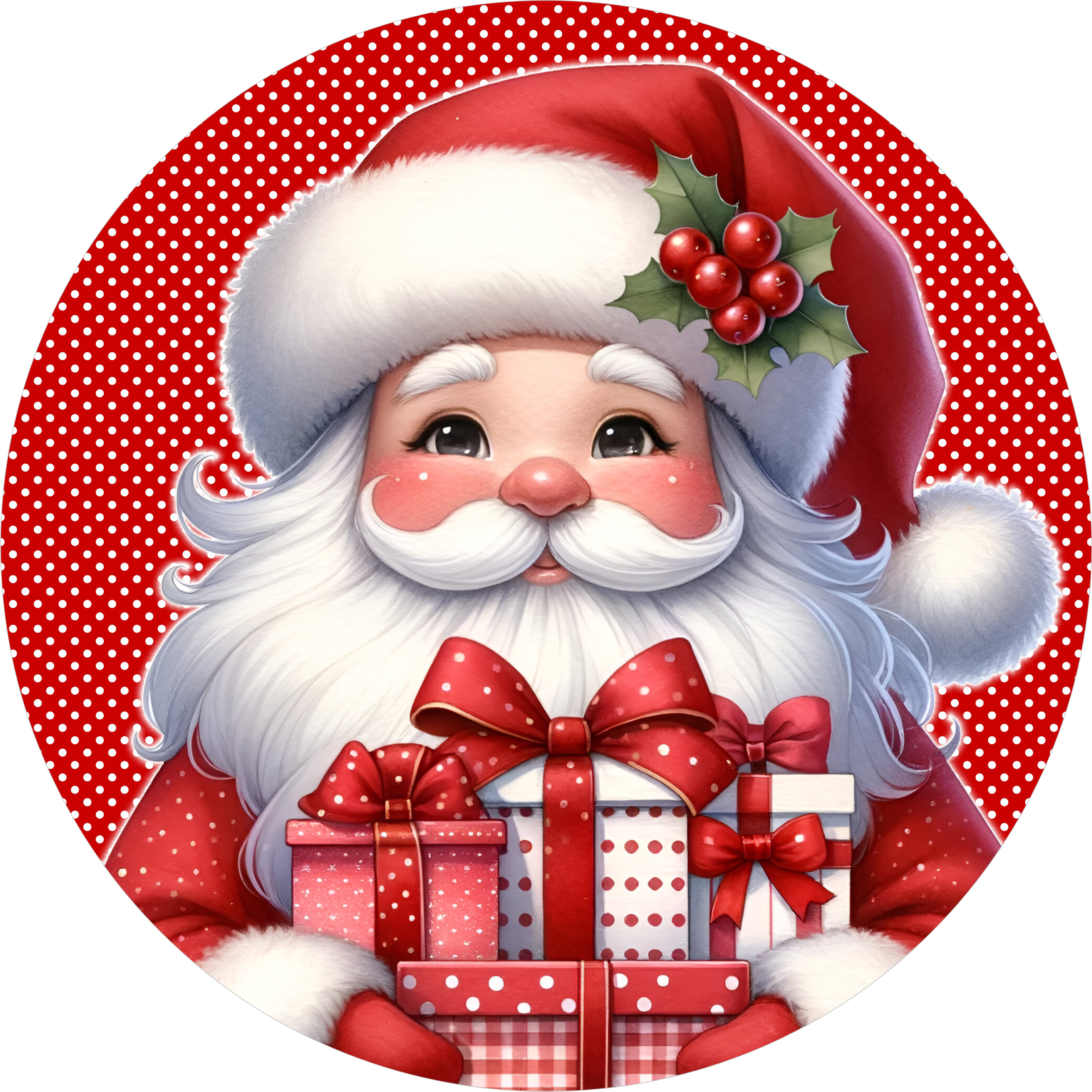Jolly Santa Holding Presents Christmas Sign, Cute Santa Claus Wreath Center, Red and White Gift Themed Holiday Decor, Christmas Front Door Santa Sign, Whimsical Santa Claus Sign with Presents and Holly for Holiday Cheer