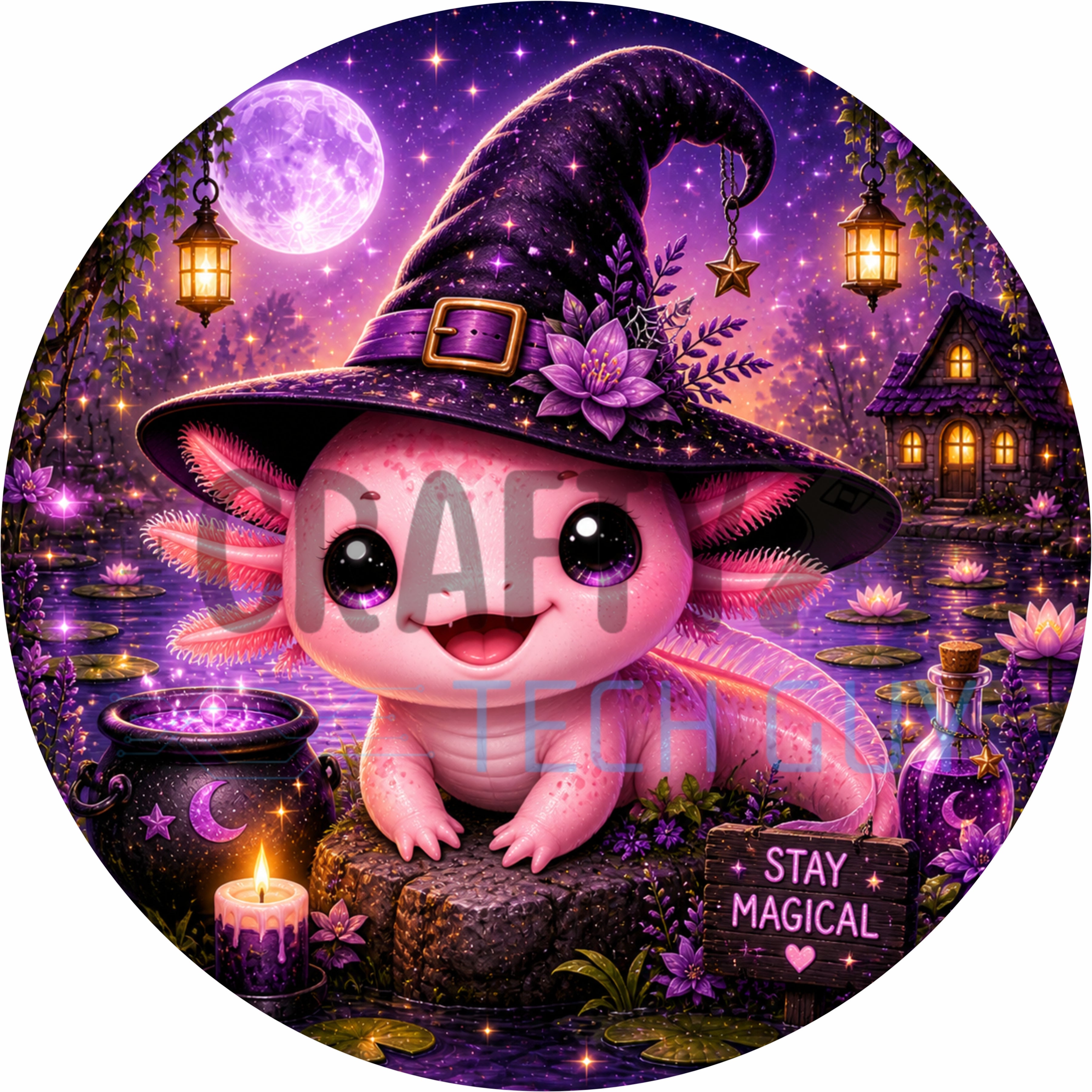 Stay Magical Axolotl Witch Halloween Round Wreath Sign