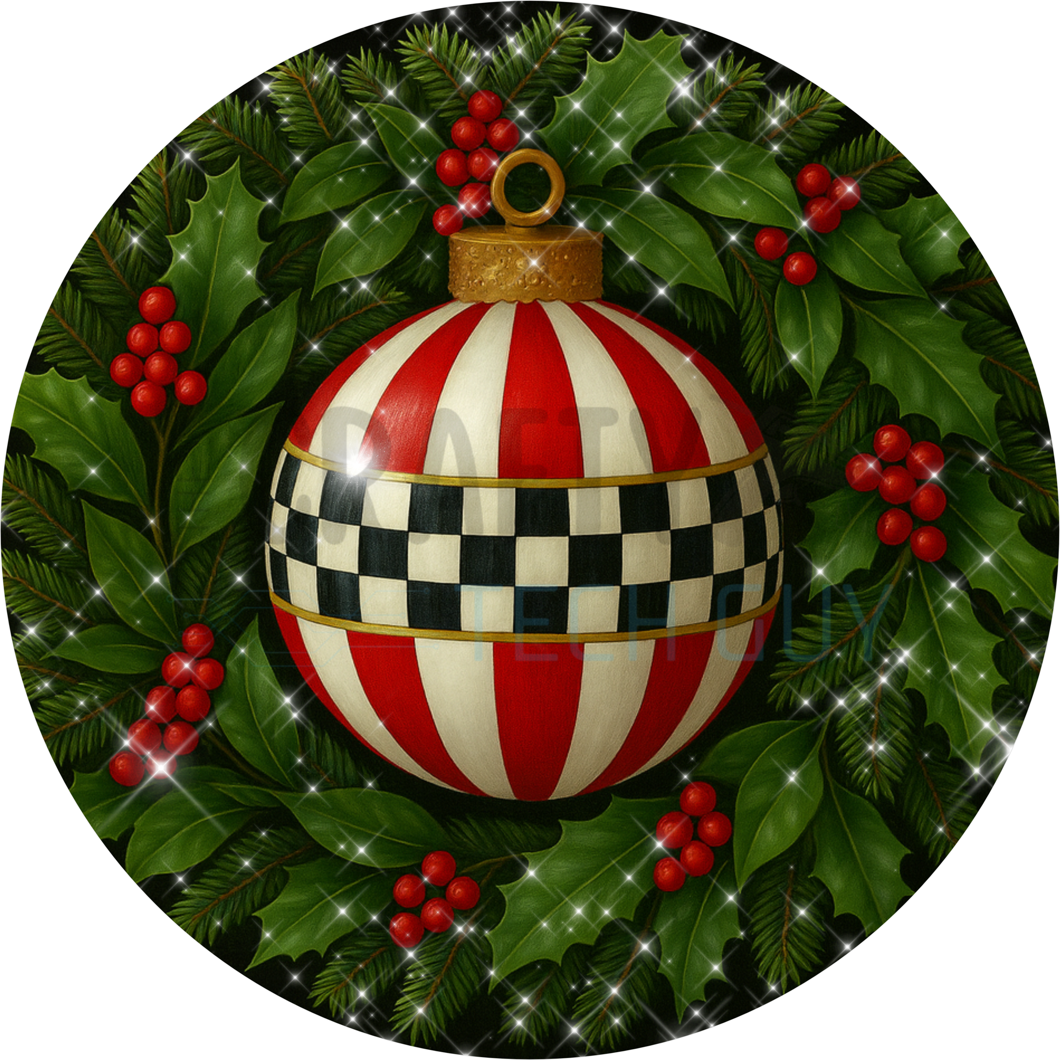 Red and White Christmas Ornament with Black Checkered Stripe and Holly Wreath Accents for Classic Holiday Décor