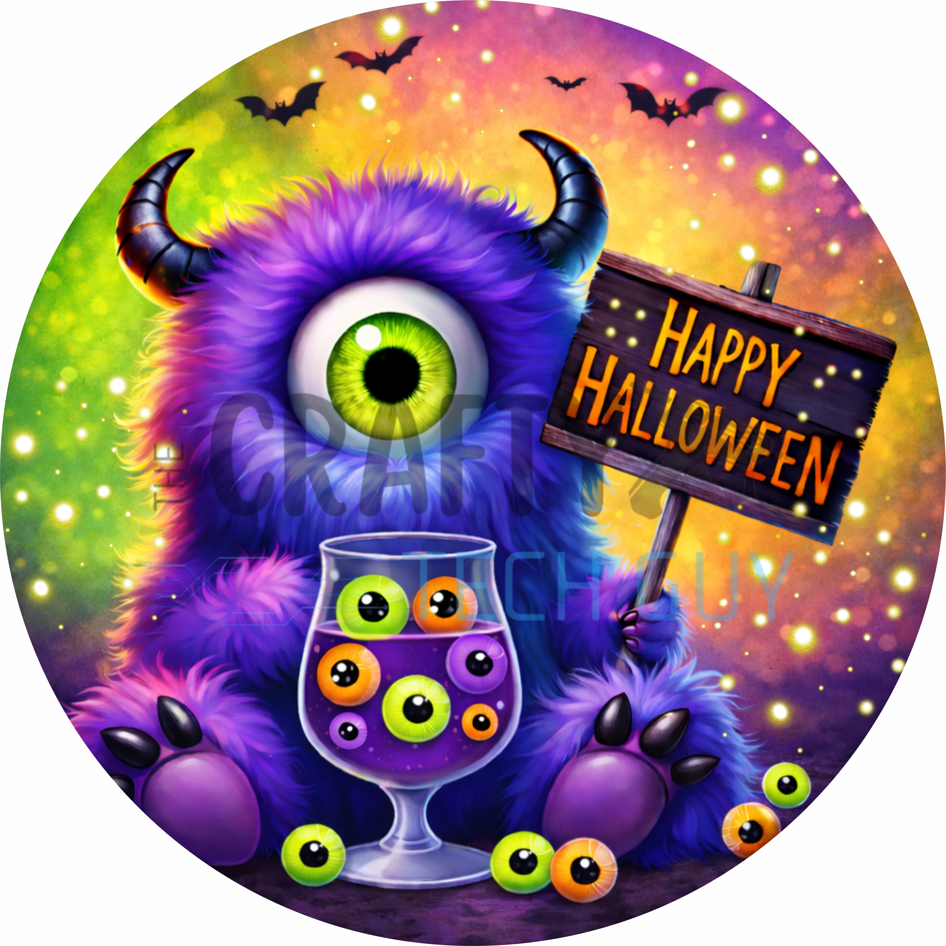 Cute One-Eyed Monster Happy Halloween Round Wreath Sign