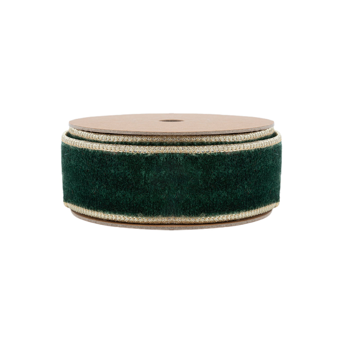 Close Up of Forest Green Velvet Nap and Gold Cord Edge on Wired Ribbon