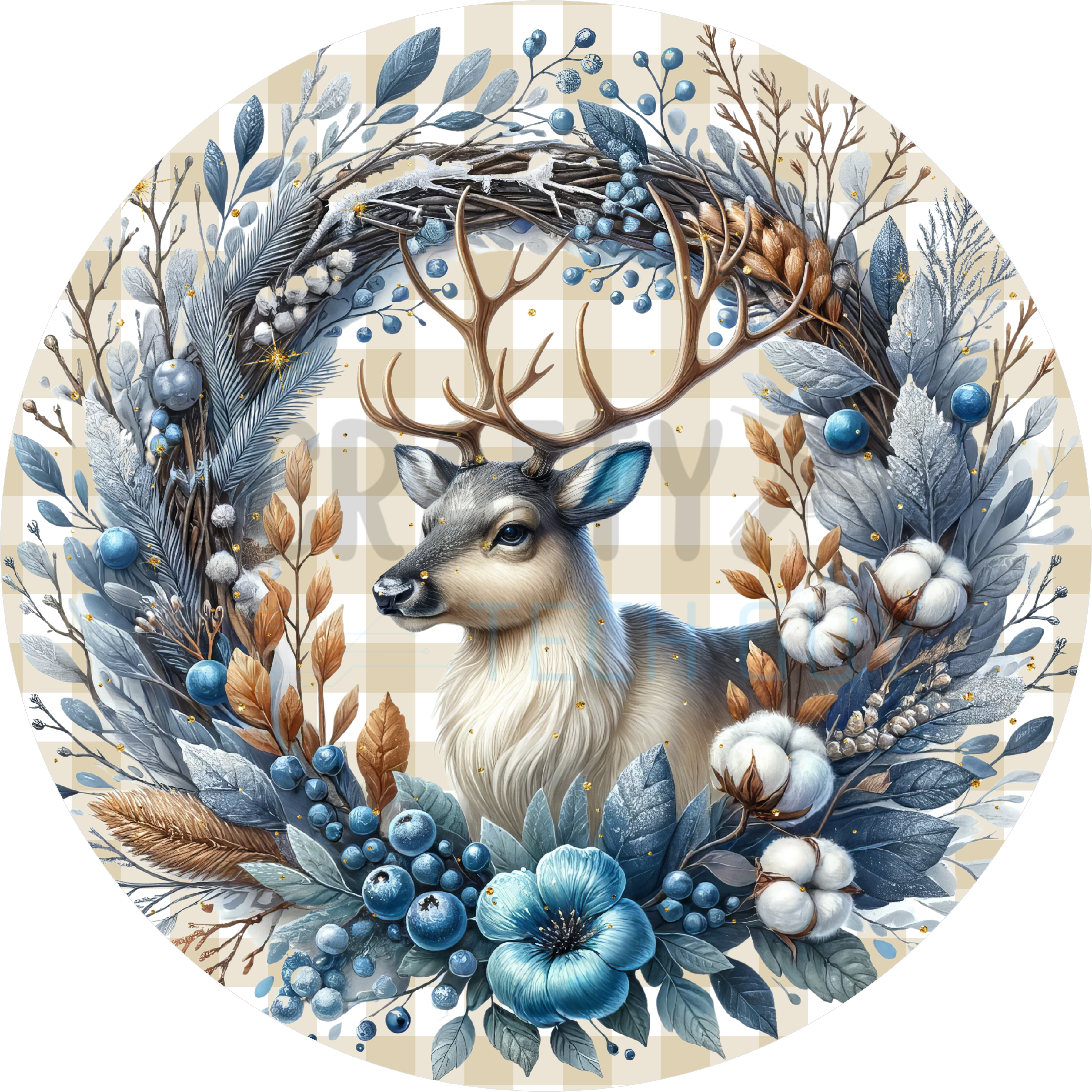 Rustic Winter Deer Wreath Sign with Blue Florals and Cotton on Cream Gingham, Elegant Woodland Christmas Decor