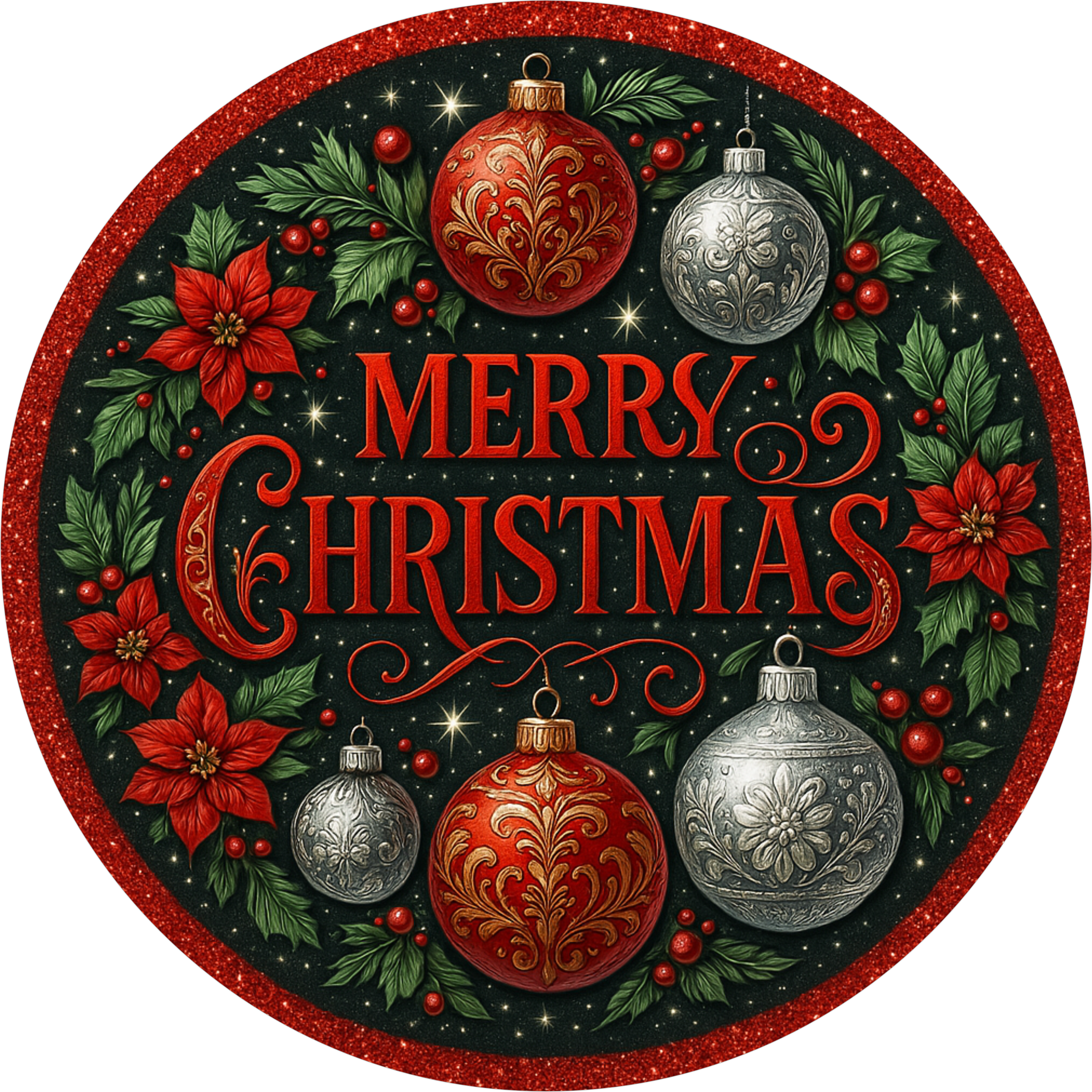 Elegant Merry Christmas Ornament Sign, Red Green and Silver Holiday Baubles Wreath Insert, Traditional Christmas Wall Decor, Classic Ornament Design with Poinsettias, Vintage-Inspired Merry Christmas Sign for Holiday Decorating