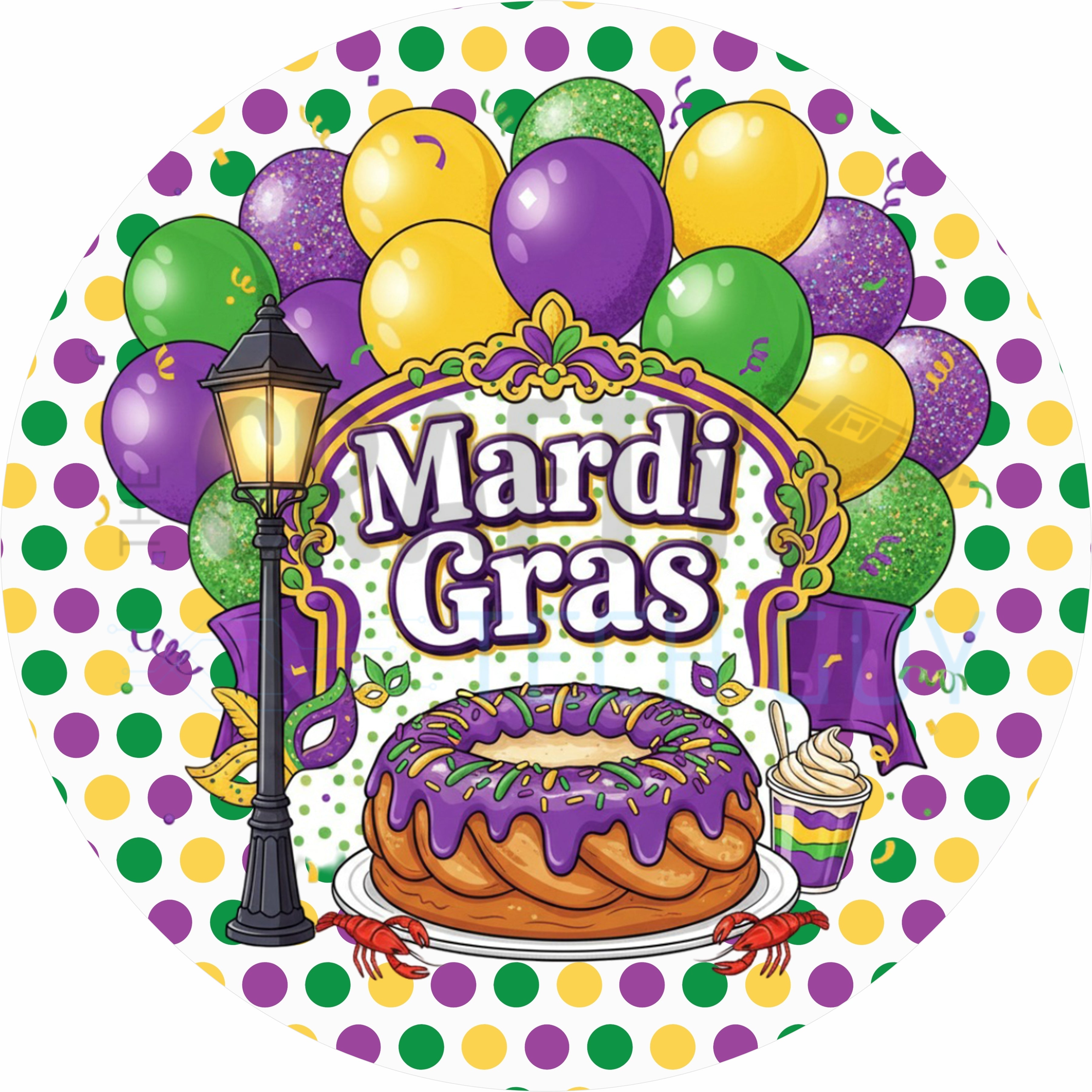 Mardi Gras Round Wreath Sign – King Cake Balloons Purple Green & Gold Carnival Decor