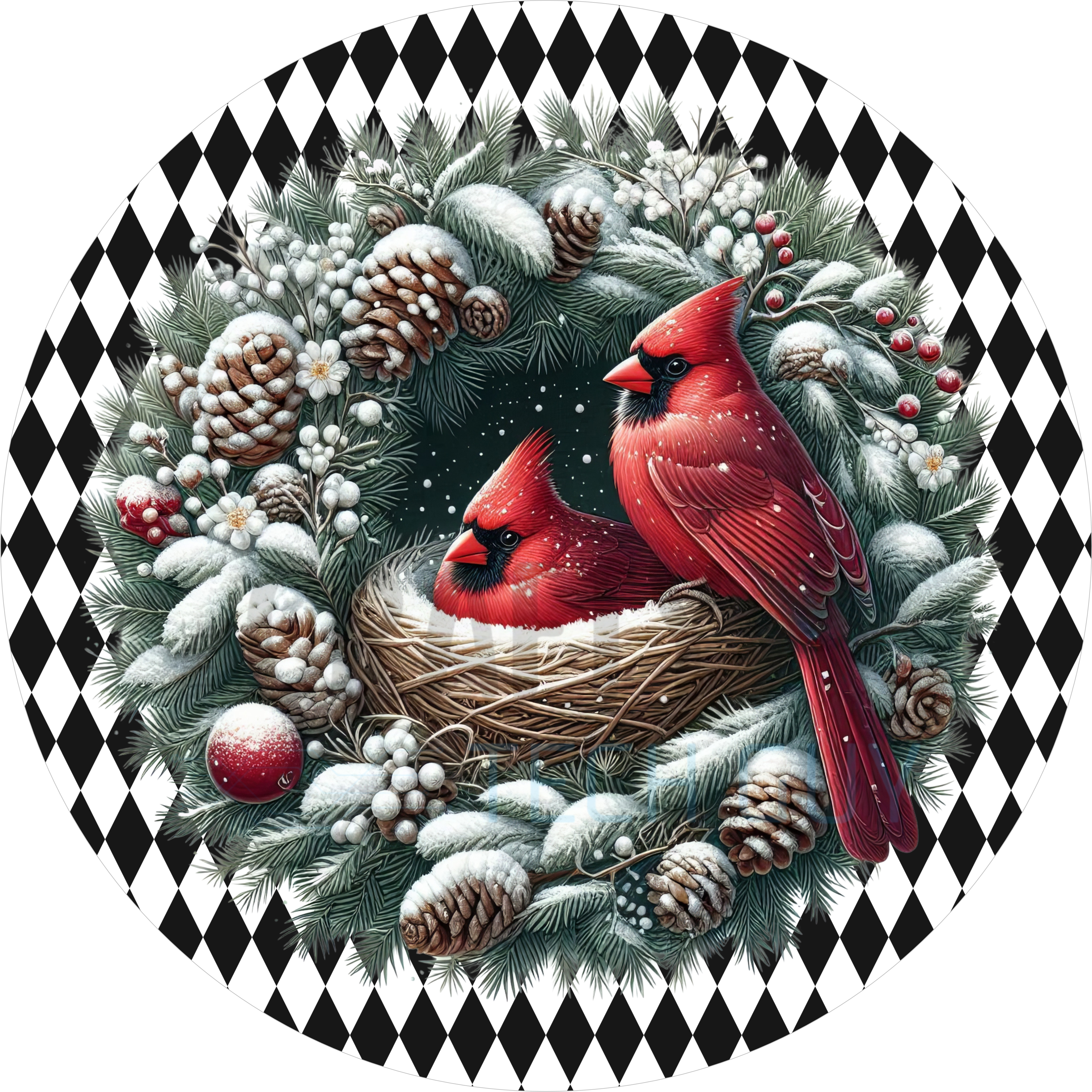 Cardinal Couple in Snowy Nest Winter Wreath Sign with Pinecones and Berries, Rustic Christmas Nature Decor