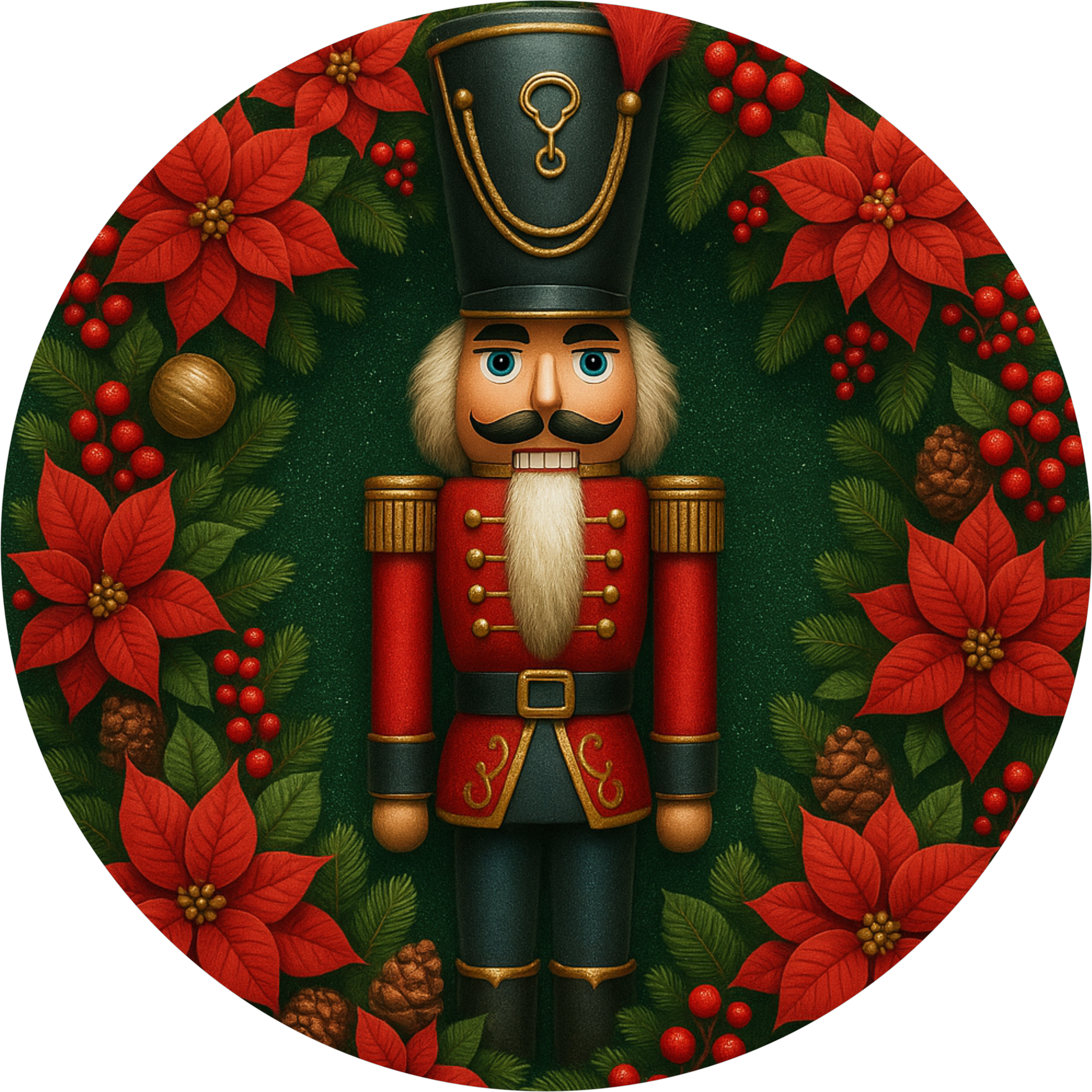 Traditional Nutcracker Christmas Sign, Red and Green Toy Soldier Wreath Insert, Poinsettia and Pine Holiday Decor, Classic Nutcracker Wall Art, Festive Holiday Nutcracker Design for Christmas Front Door or Home Display