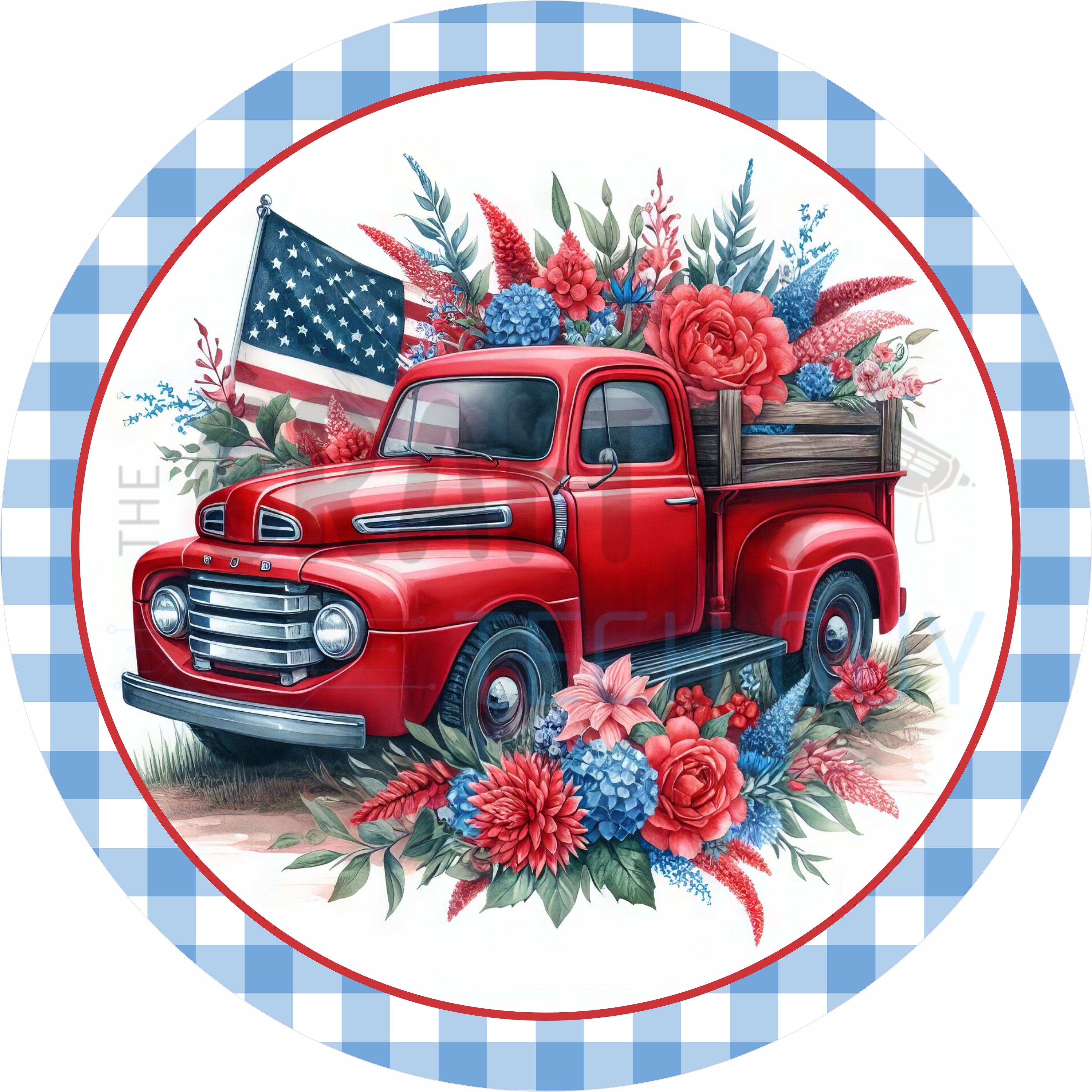 Patriotic Red Truck Round Wreath Sign – Red White & Blue Americana Floral Door Decor