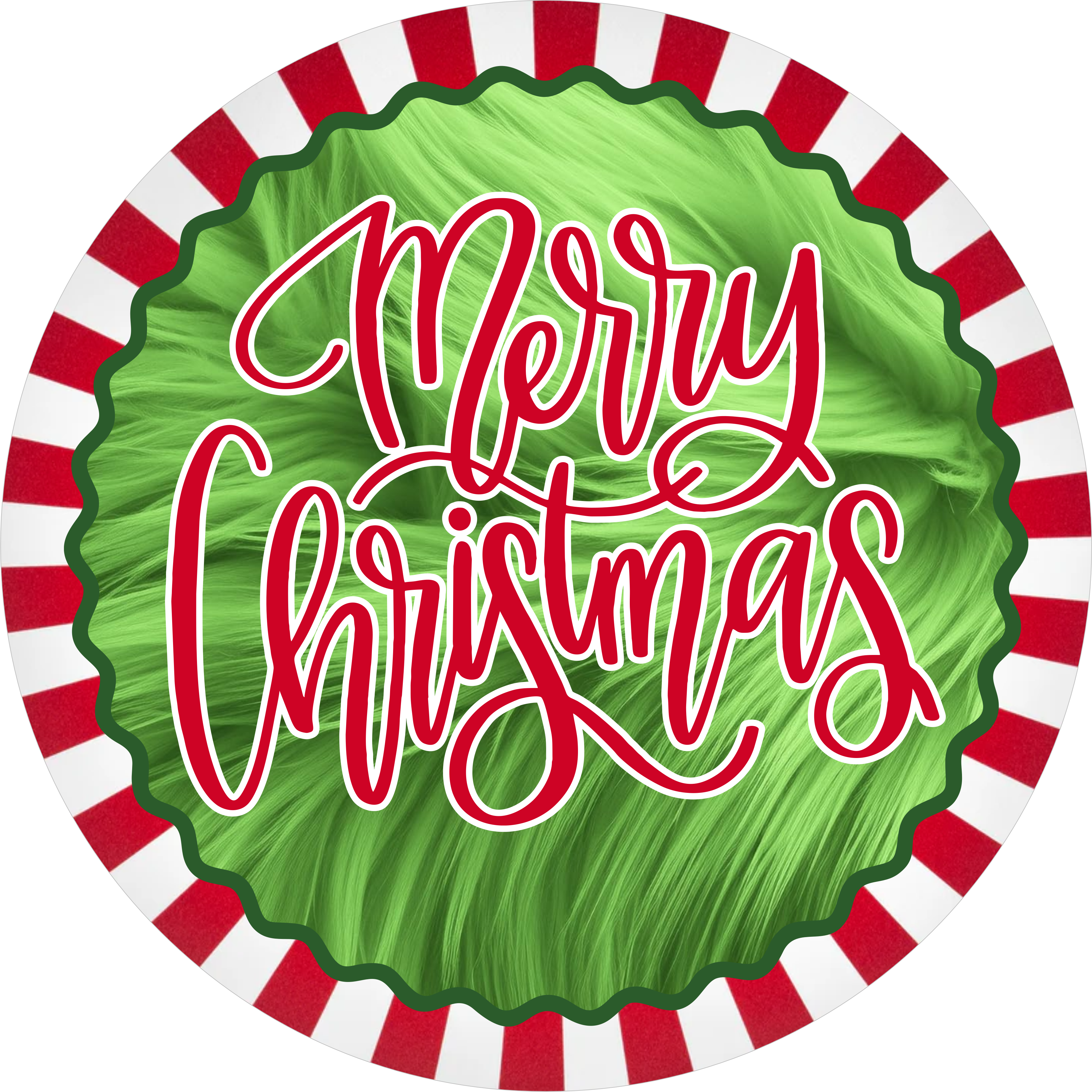 Whimsical Green Monster-Inspired Merry Christmas Sign, Red and Green Faux Fur Holiday Decor, Peppermint Stripe Wreath Insert, Bold Hand Lettered Christmas Sign, Playful Christmas Display Accent for Doors Walls or Holiday Gifts