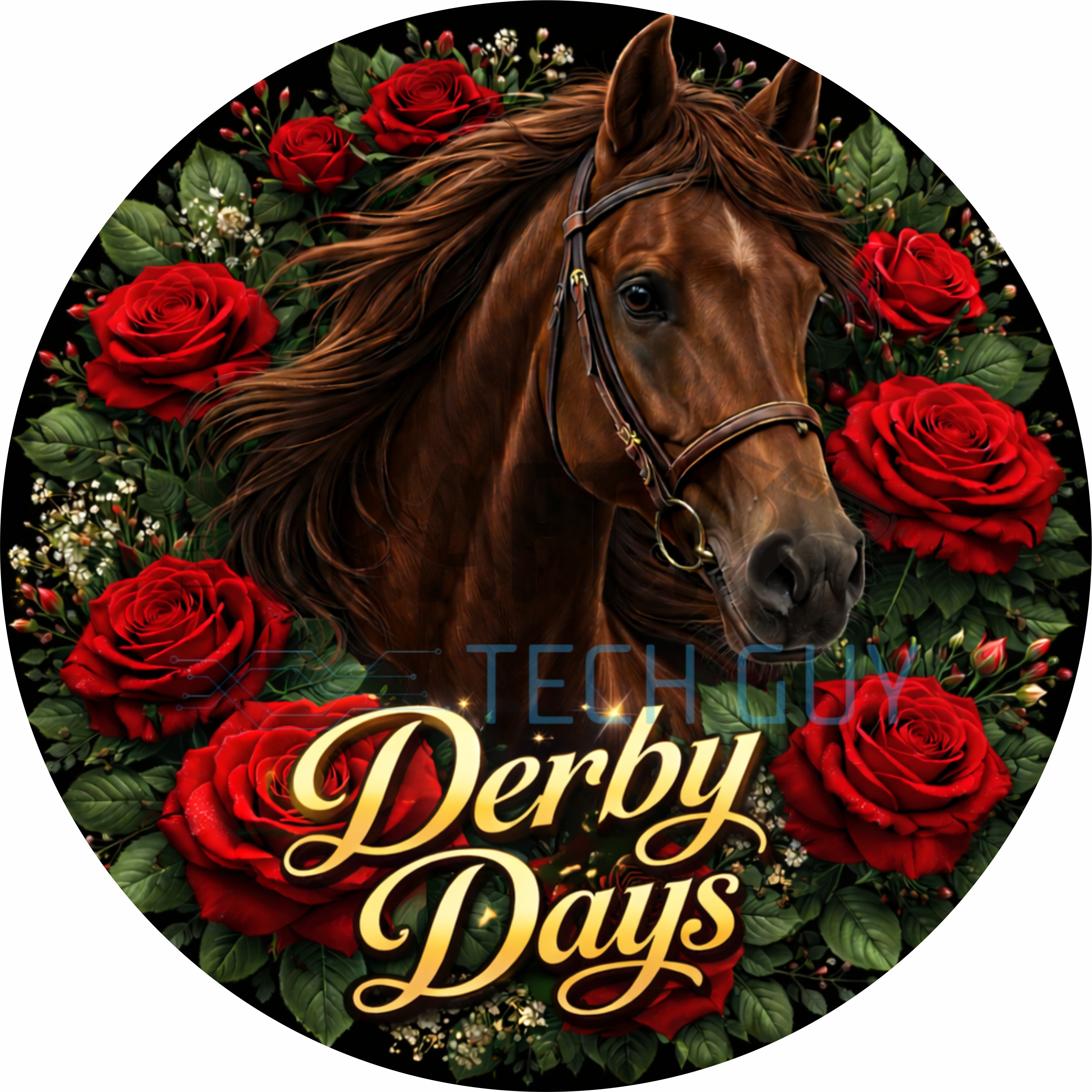 Derby Days Horse & Roses Round Wreath Sign