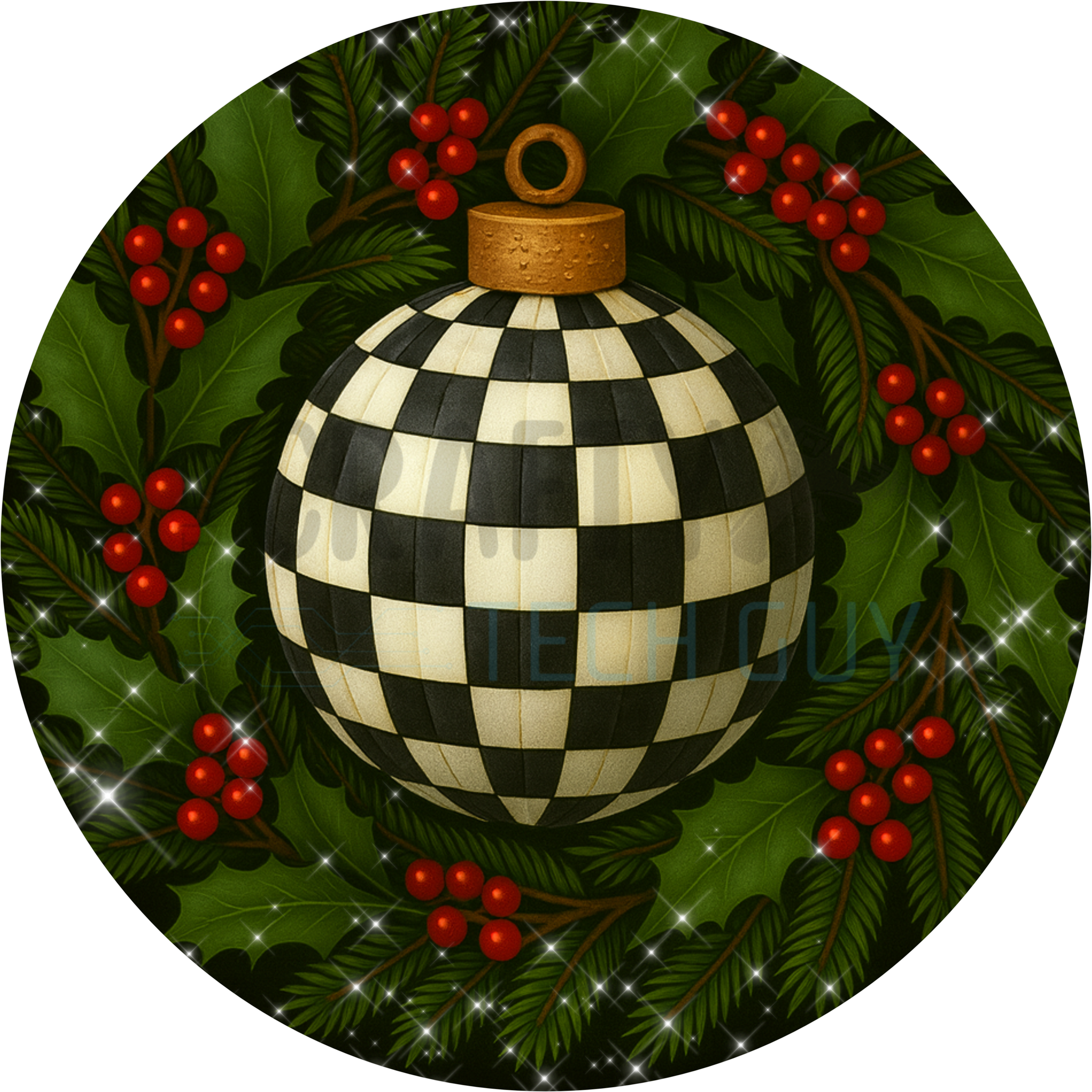 Black and White Checkered Ornament Design with Holly Leaves, Red Berries, and Classic Christmas Charm