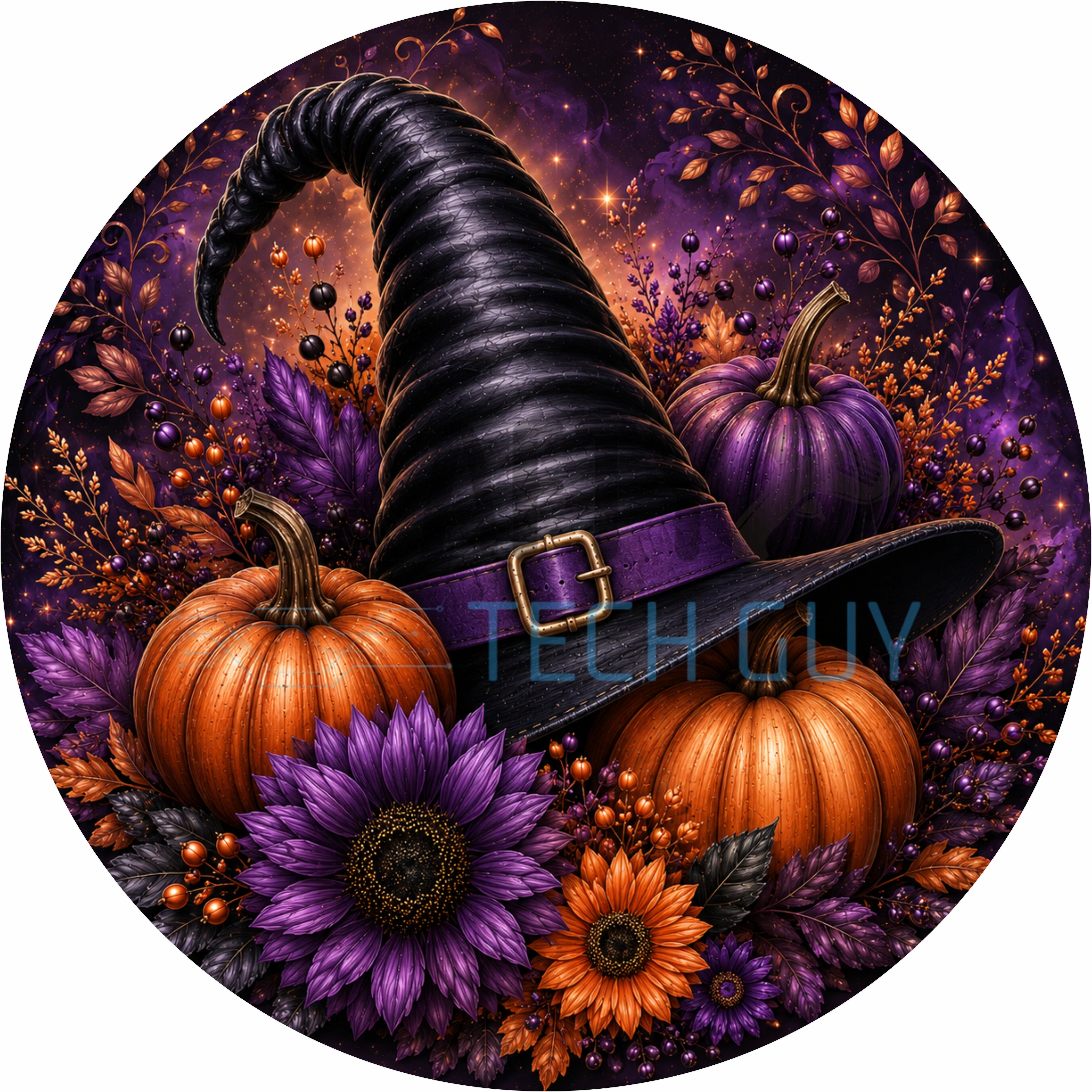 Elegant Purple Witch Hat and Pumpkin Halloween Round Wreath Sign