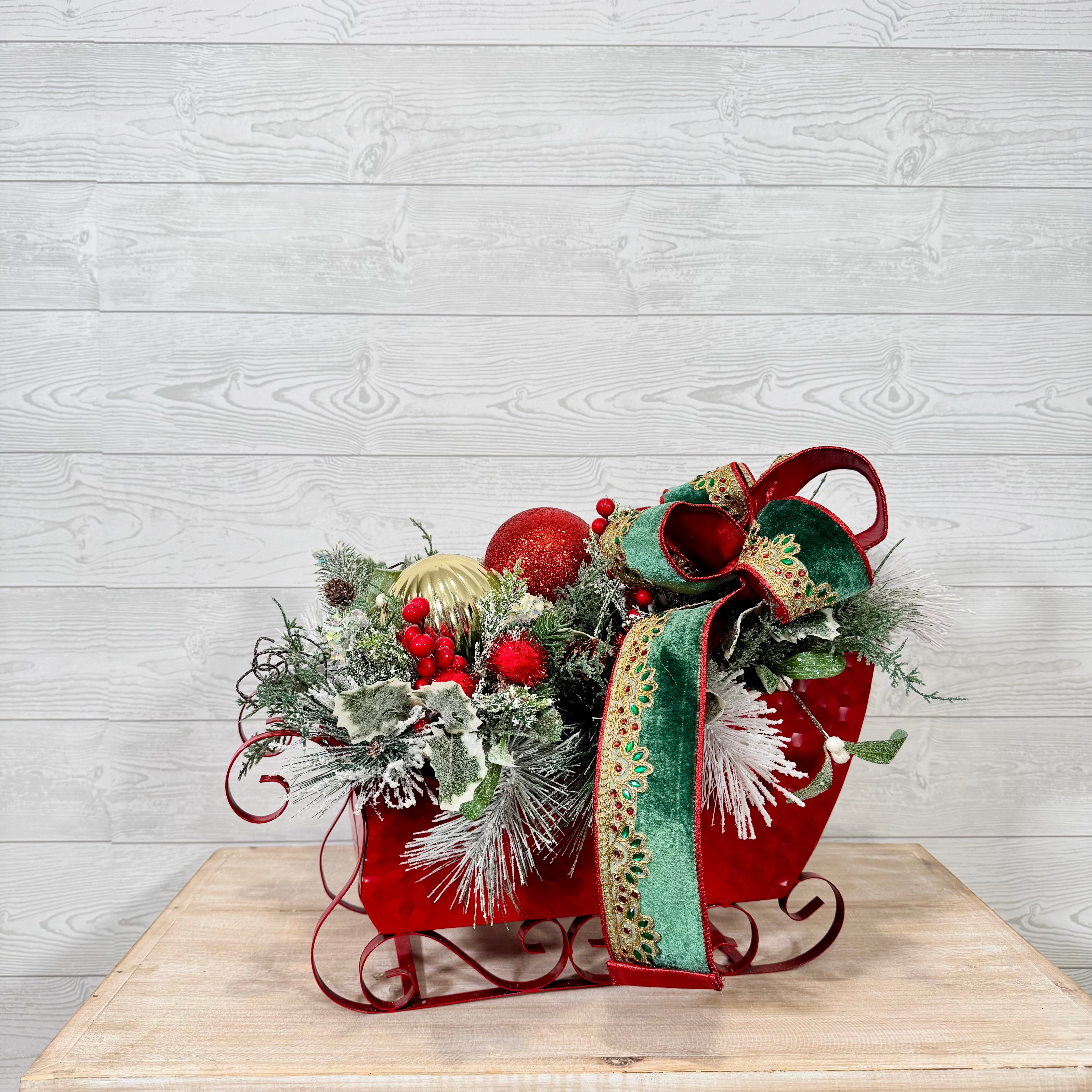Red Sleigh Christmas Centerpiece, Green Velvet Bow and Ornament Holiday Arrangement, Festive Table Décor