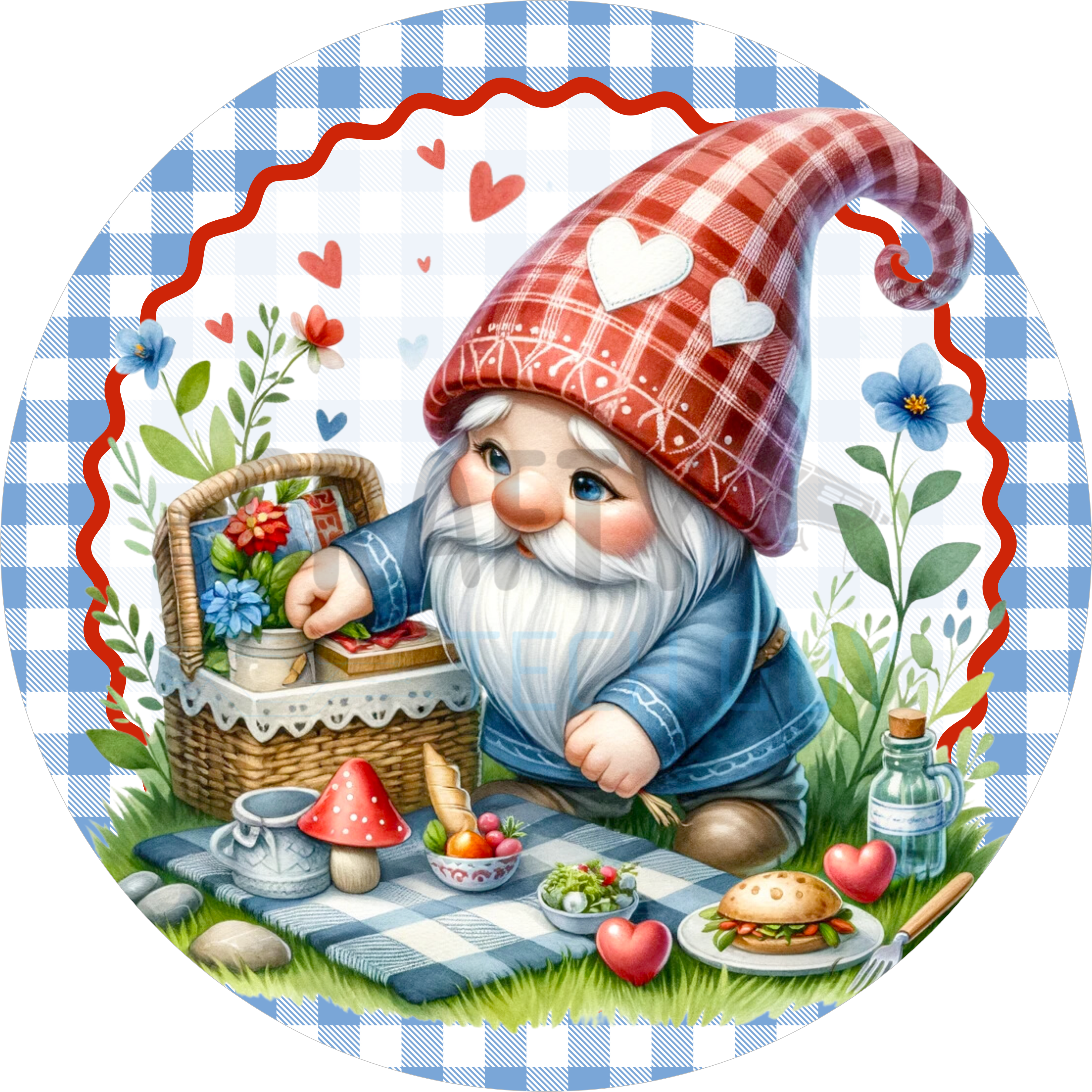 Valentine Picnic Gnome Wreath Sign – Cute Blue Gingham Decor