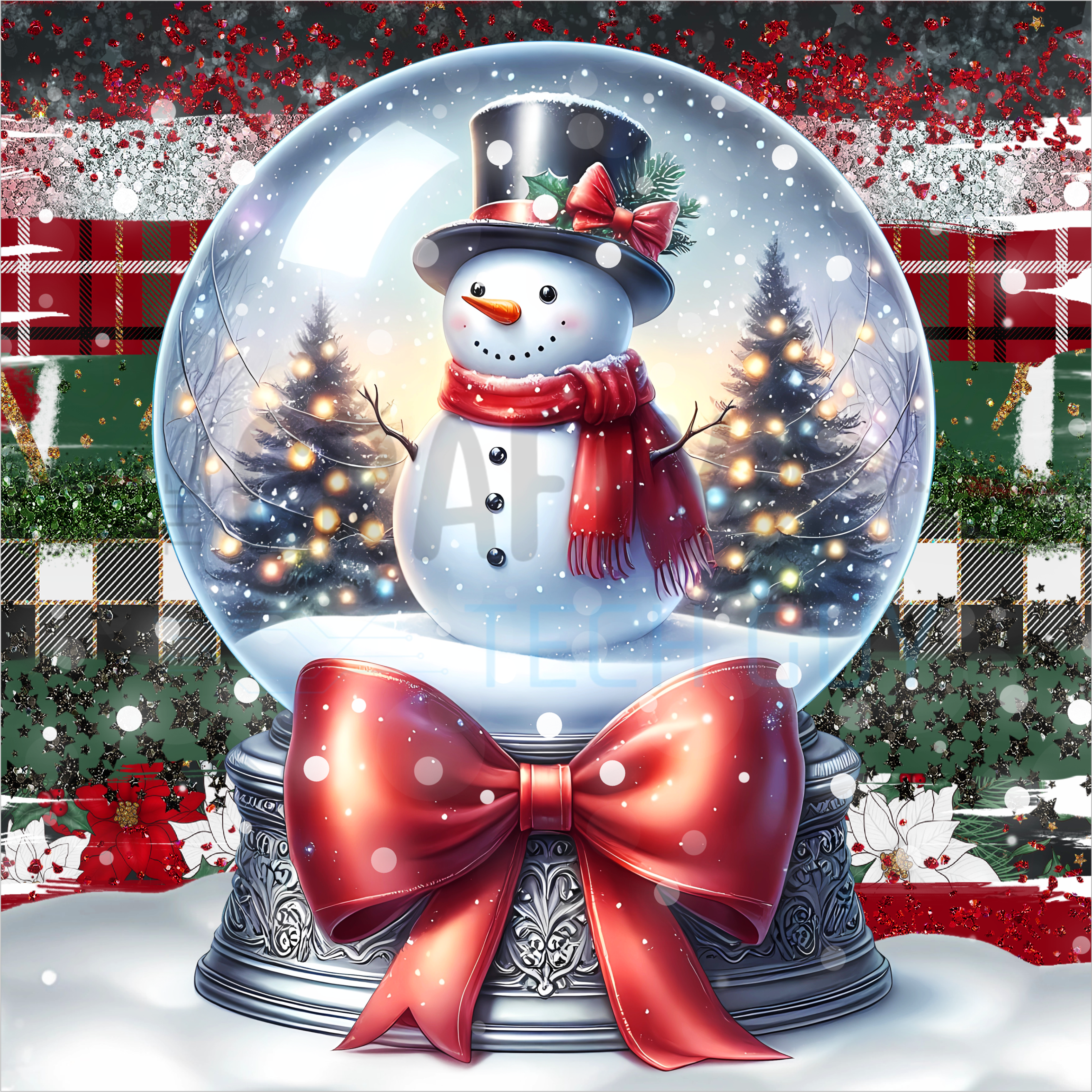 Snowman in Christmas Snow Globe with Red Bow and Winter Trees | Festive Holiday Scene Design for Seasonal Décor and Handmade Gift Projects