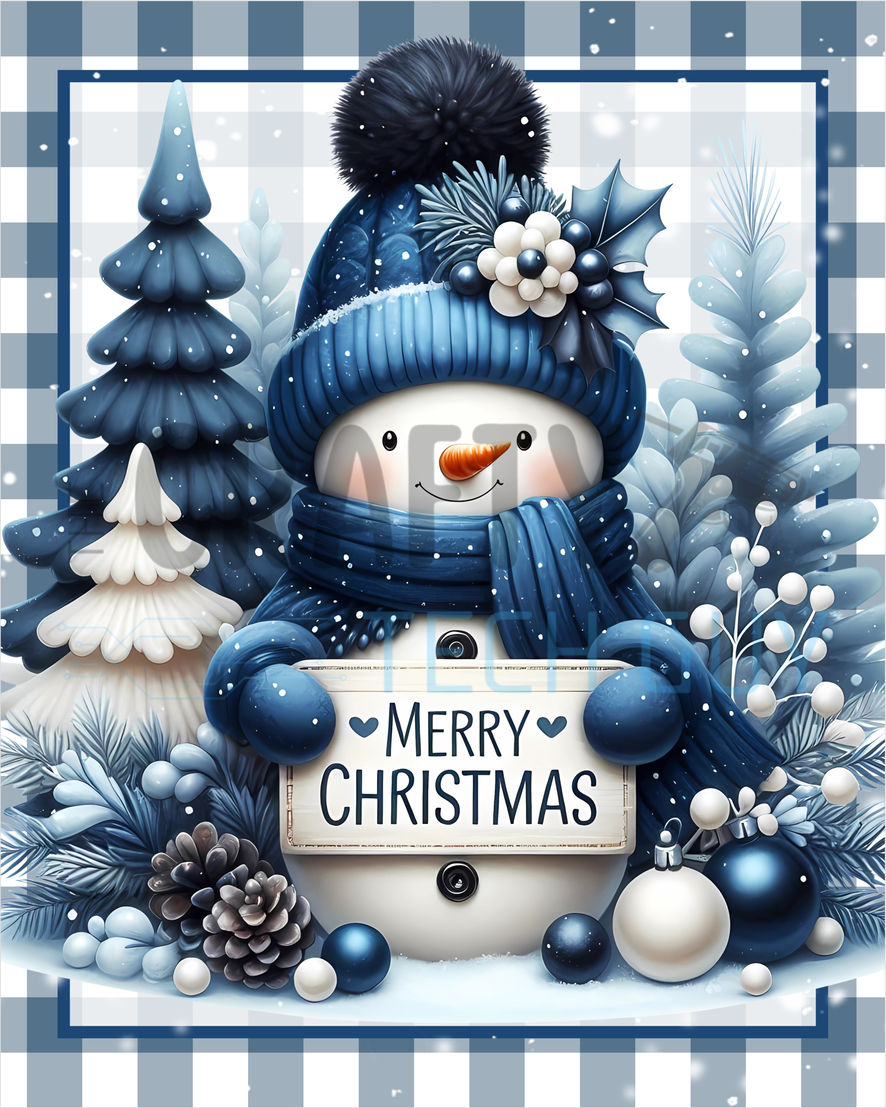 Blue Winter Snowman Merry Christmas Sign, Navy Christmas Door Decor for Wreaths, Holiday Front Porch Decoration with Ornaments and Plaid Background