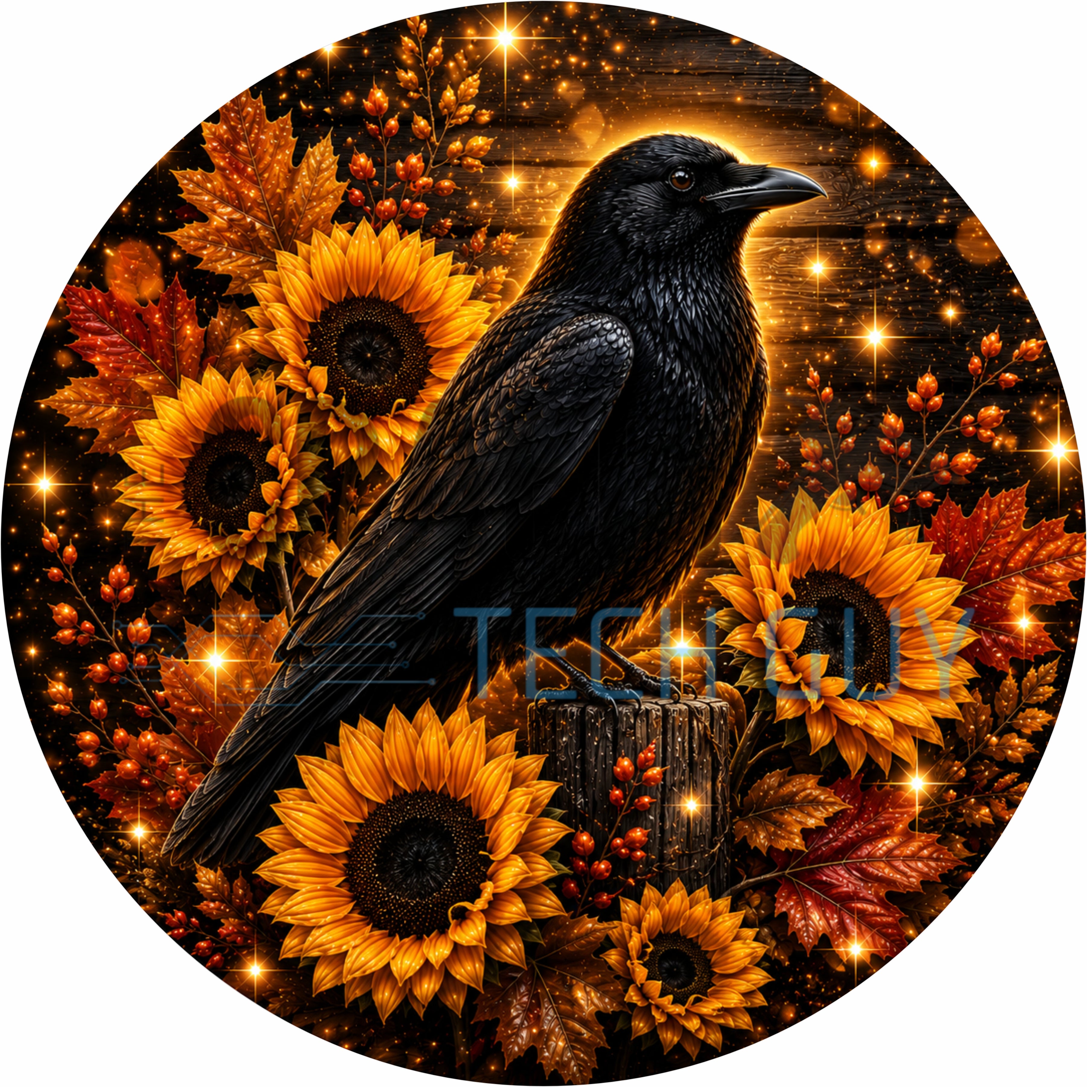 Black Raven Sunflower Fall Round Wreath Sign