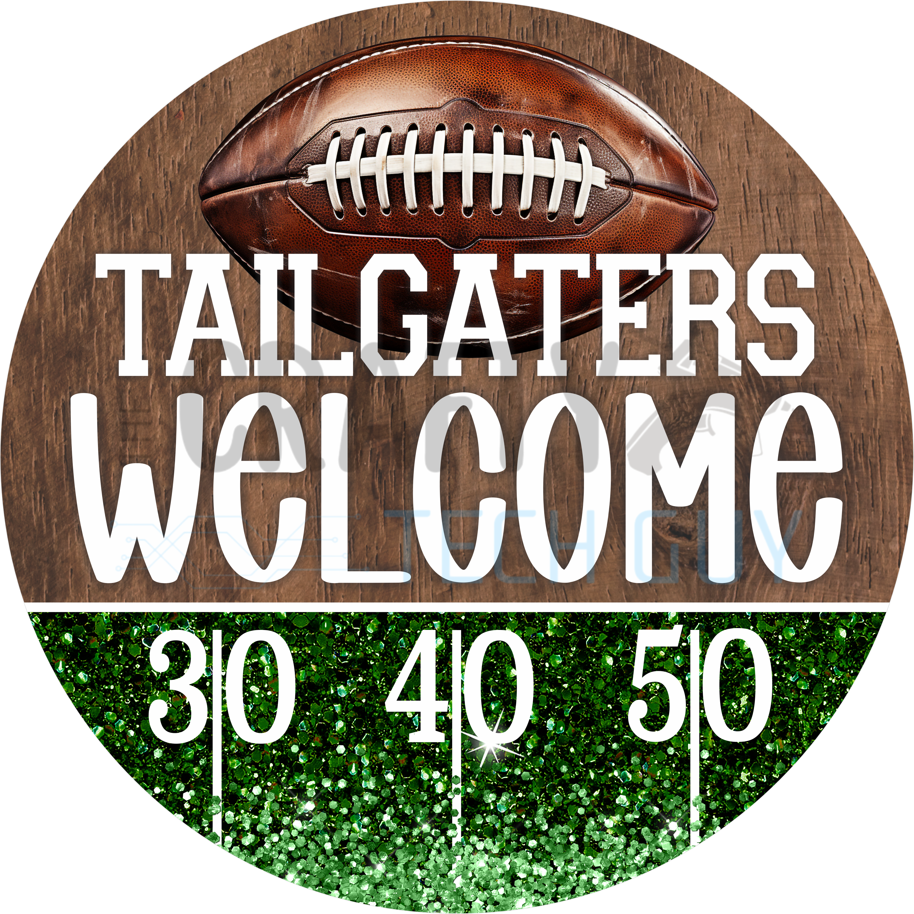 Tailgaters Welcome Football Round Wreath Sign – Green Glitter Field 30-40-50 Yard Line – Game Day Door Decor