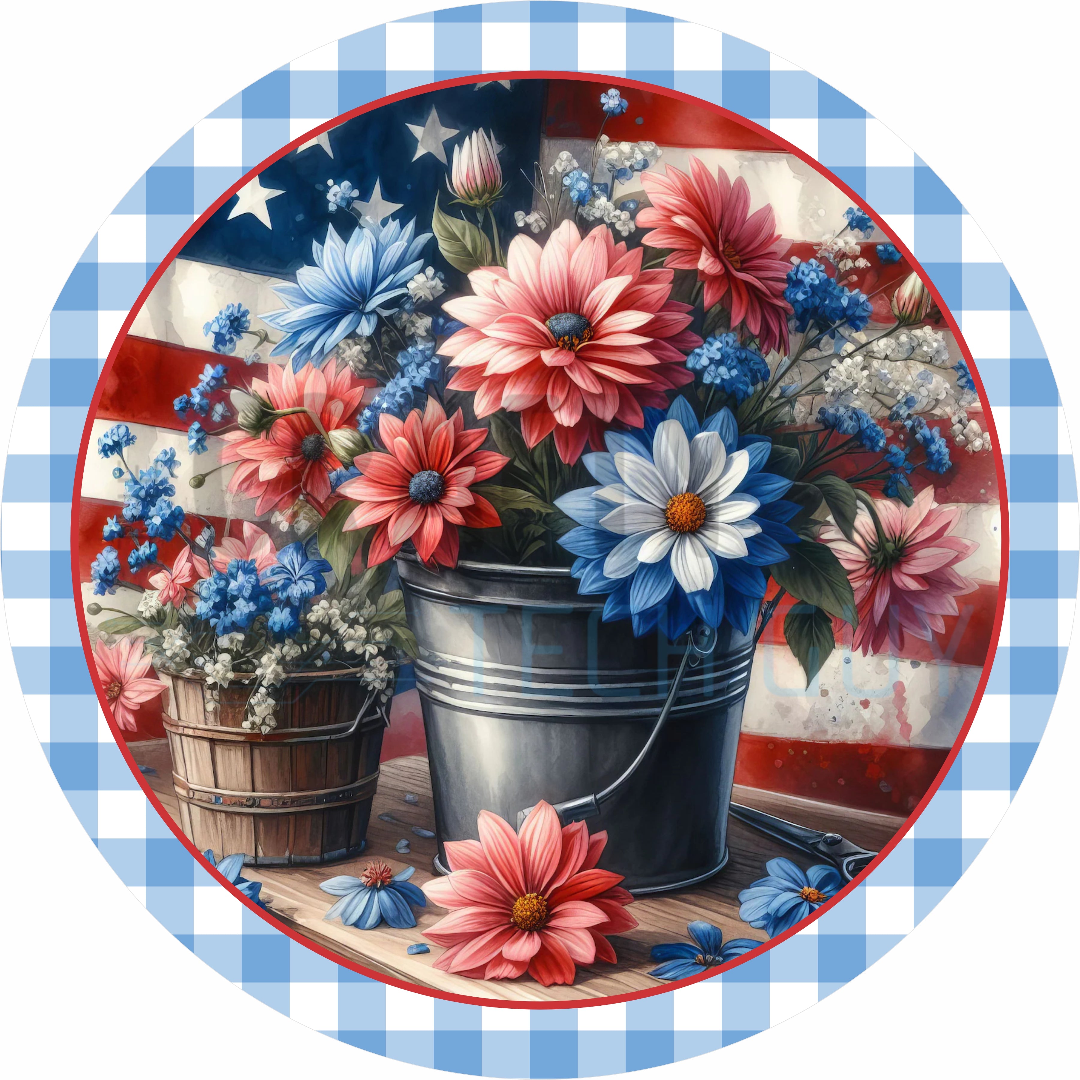 Patriotic Floral Bucket Round Wreath Sign – Red White & Blue Americana Door Decor