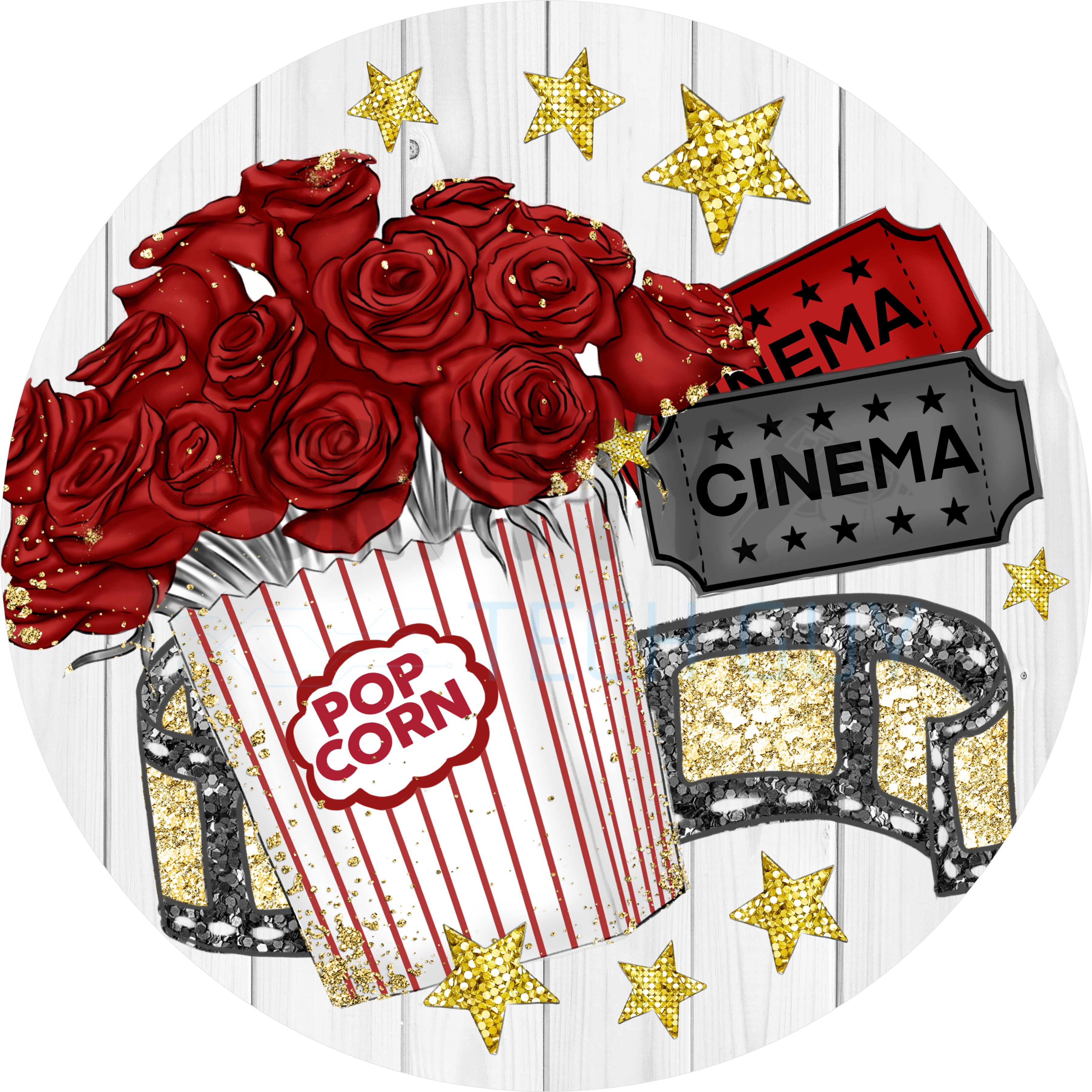 Hollywood Movie Night Sign with Red Roses, Popcorn Bucket, Cinema Tickets, and Glitter Stars for Glamorous Home Décor