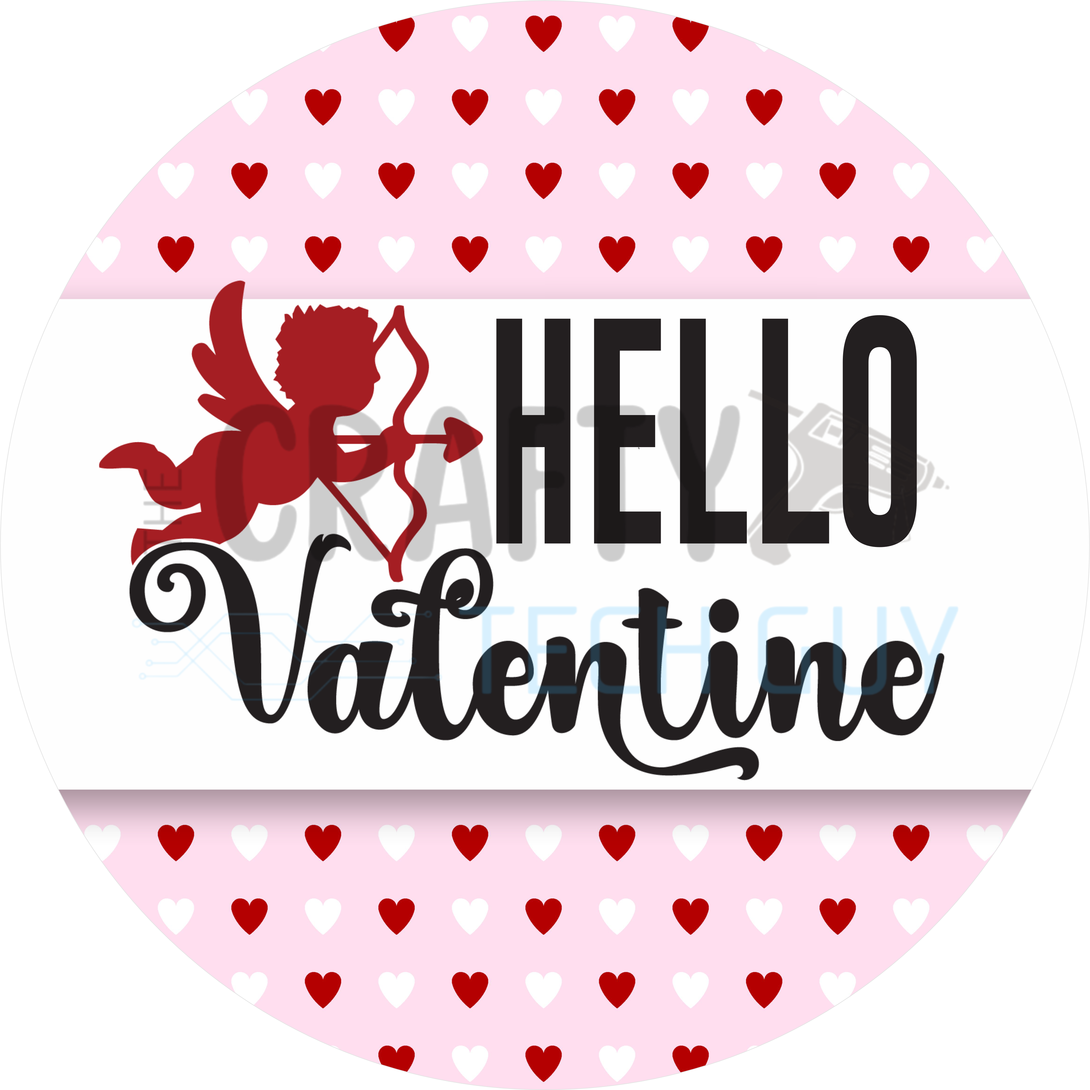 Hello Valentine Round Wreath Sign – Cupid Arrow Pink Heart Pattern – Valentine Door Sign