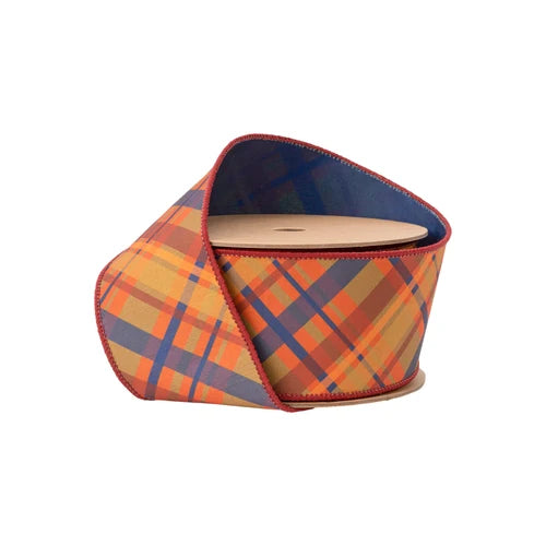 2.5 Inch 10 Yard Orange Gold and Blue Fall Bias Plaid Wired Dupioni Ribbon with Blue Backing