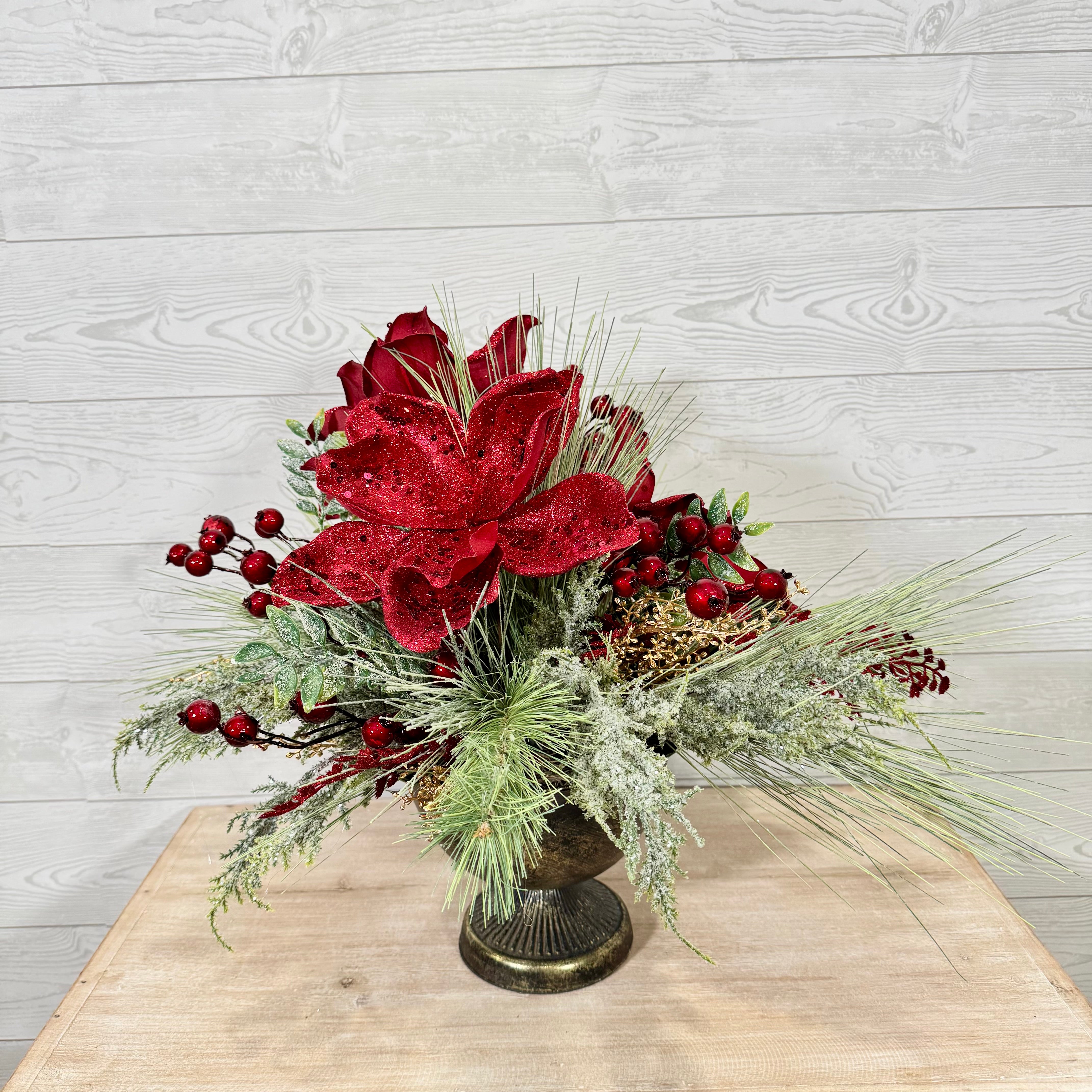 Elegant Red Magnolia Christmas Centerpiece, Holiday Floral Arrangement with Velvet Blooms, Winter Greenery & Berries, Luxury Christmas Table Decor