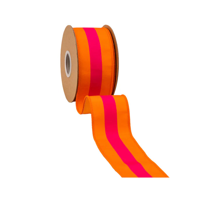 2.5" 10 YD Pink on Orange Center Stripe with Orange Backing Wired Dupioni Ribbon