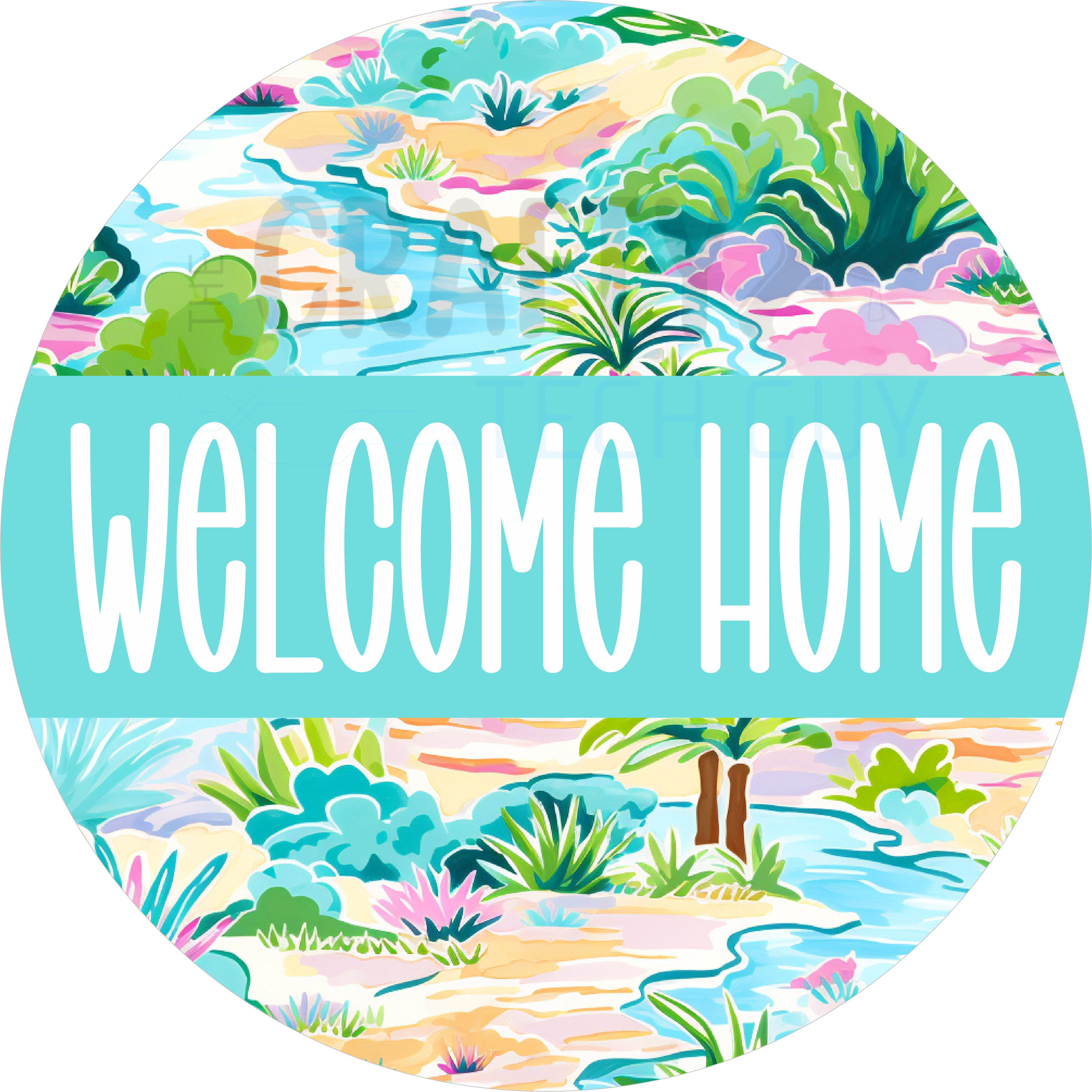 Tropical Pastel Welcome Home Door Sign – Bright Coastal Landscape Round