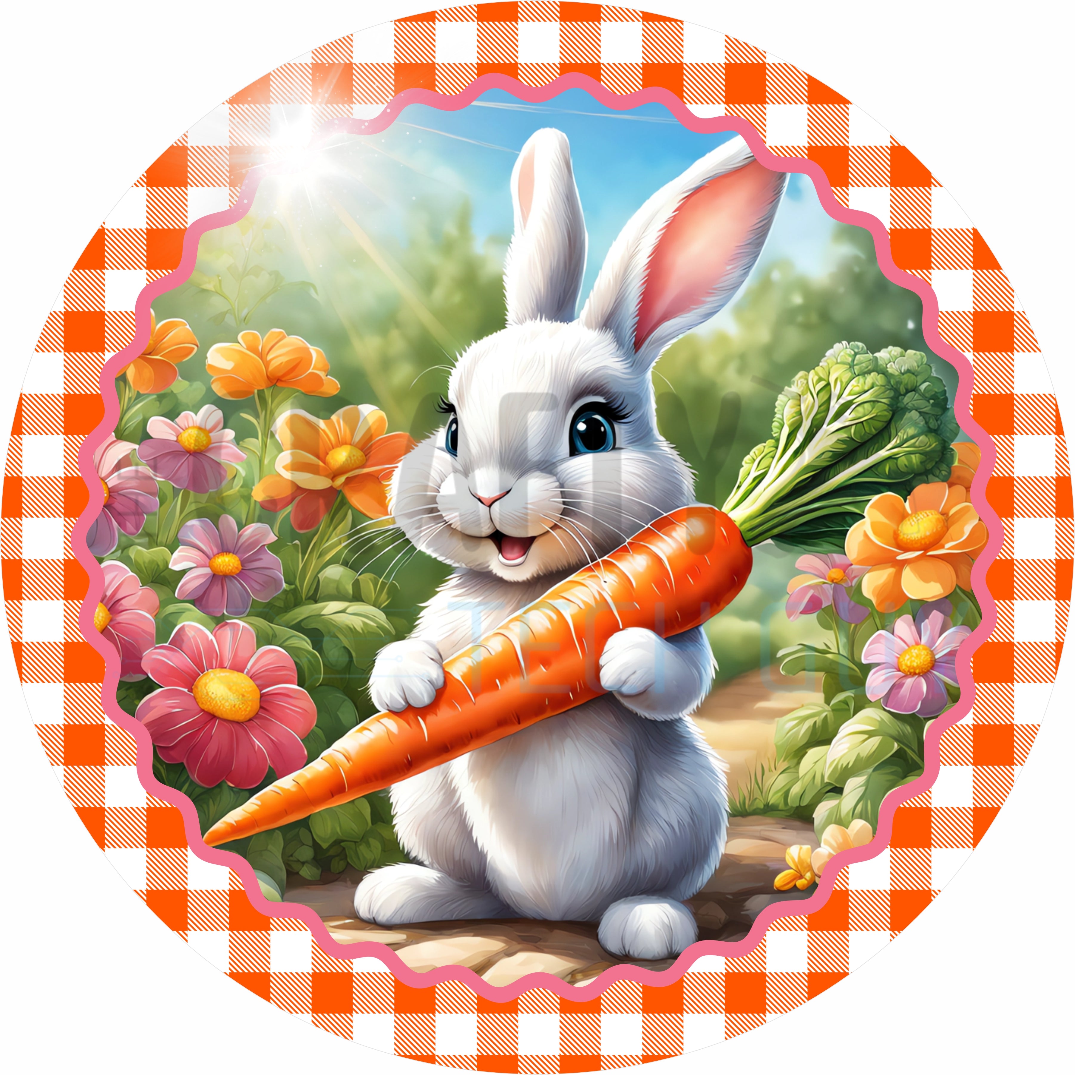 Easter Bunny Round Wreath Sign – Cute Bunny with Carrot Spring Door Decor