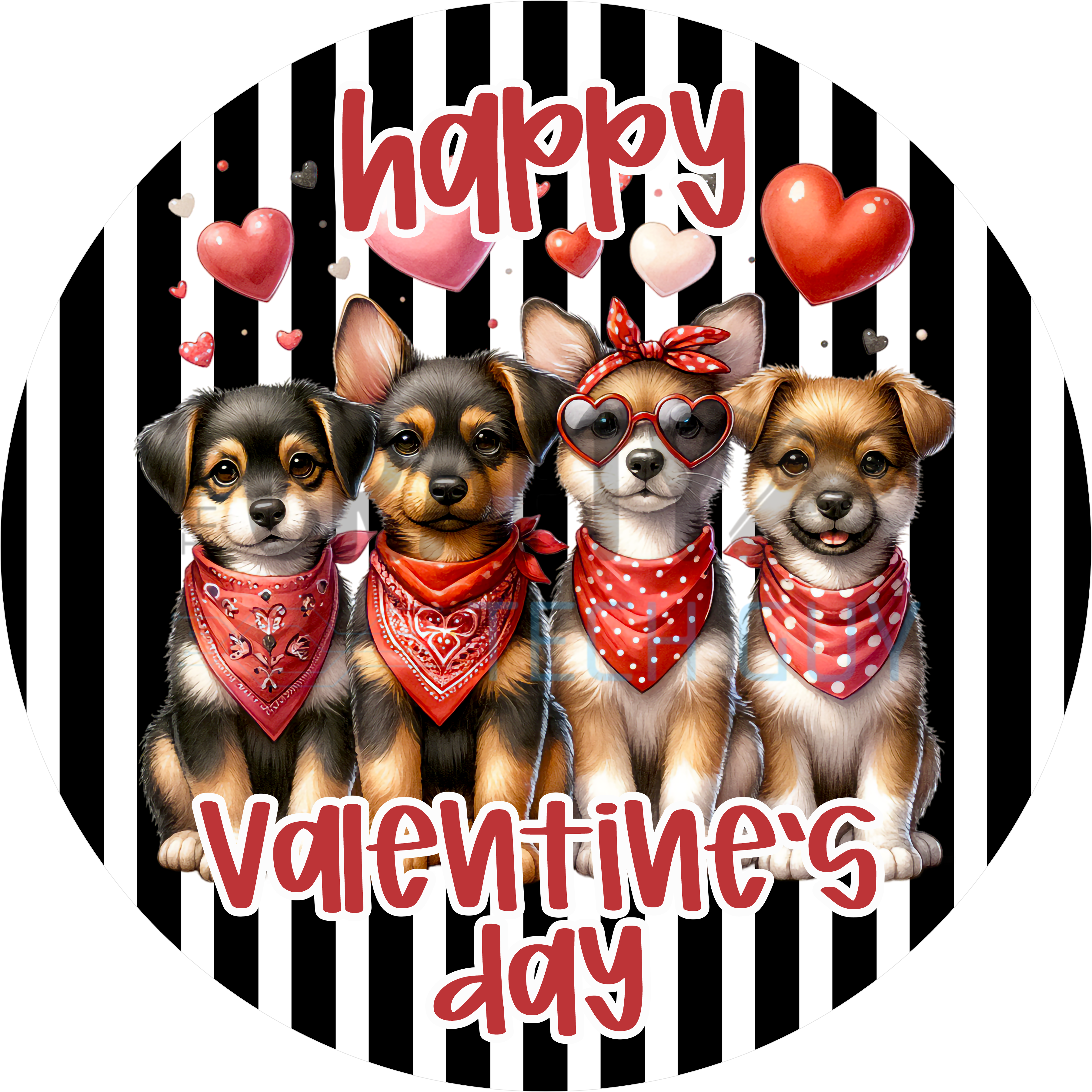 Happy Valentine’s Day Dog Design | Cute Puppies in Red Bandanas with Hearts on Black and White Stripes for Pet Lovers and Décor