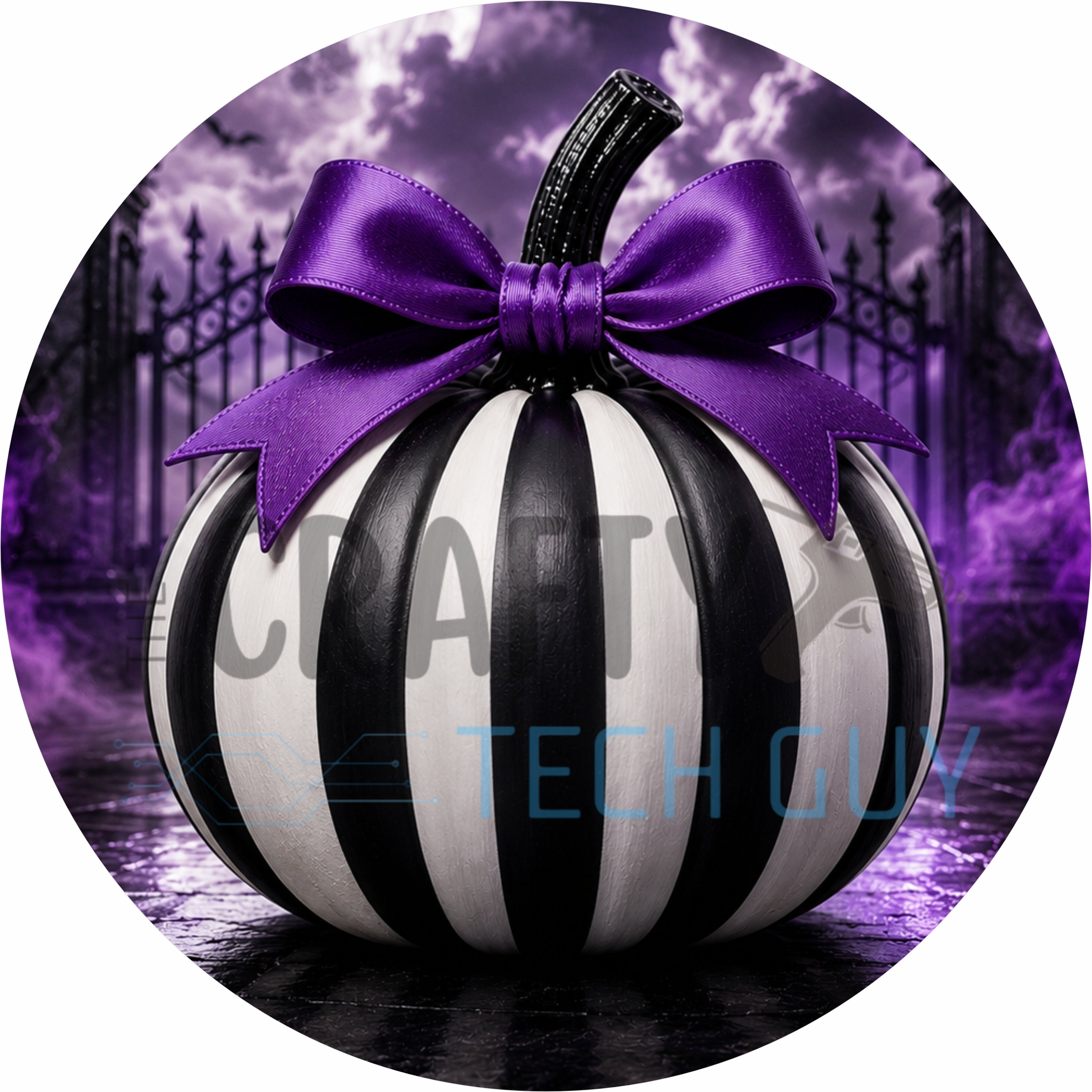 Black and White Striped Halloween Pumpkin Round Wreath Sign