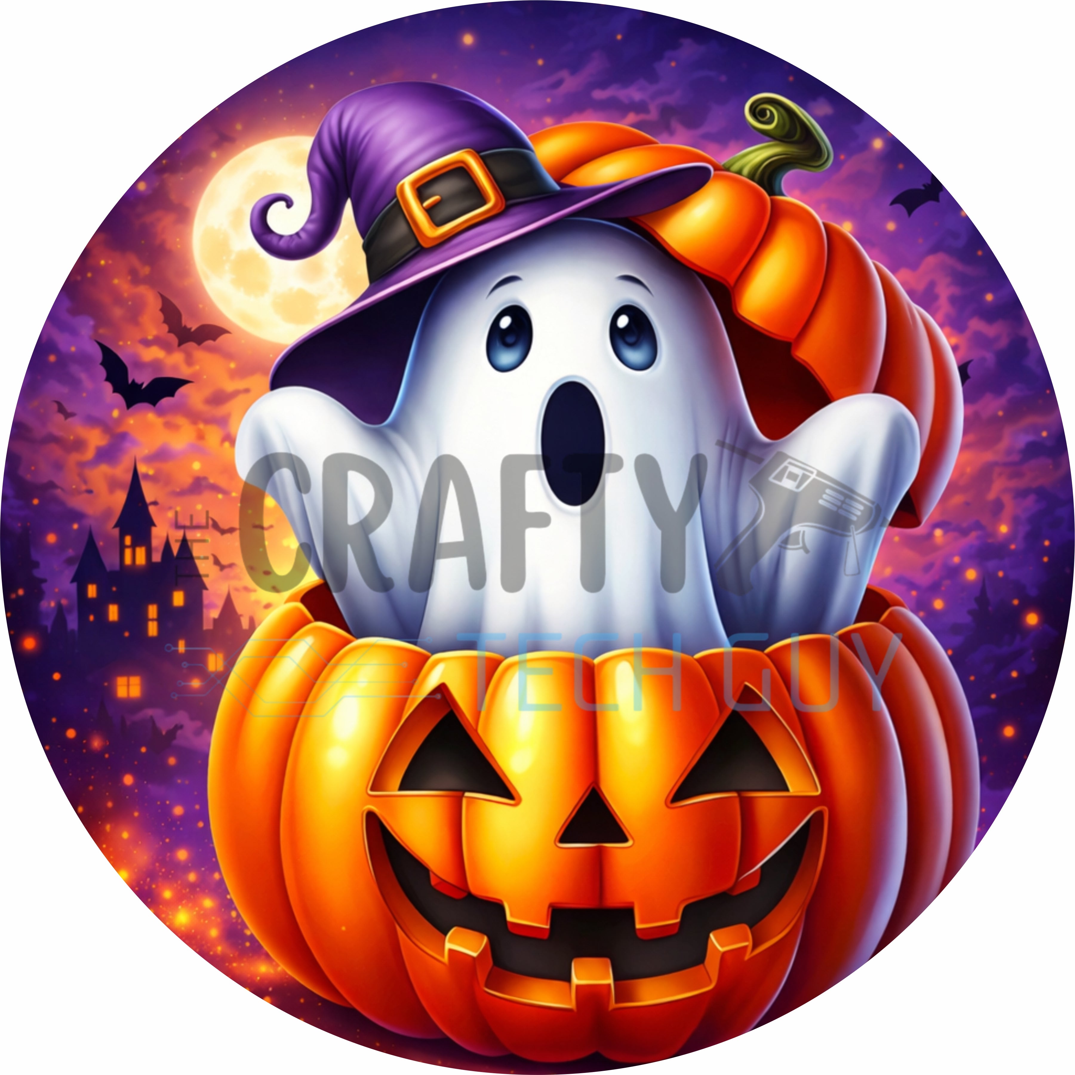 Witch Hat Ghost Pumpkin Round Wreath Sign