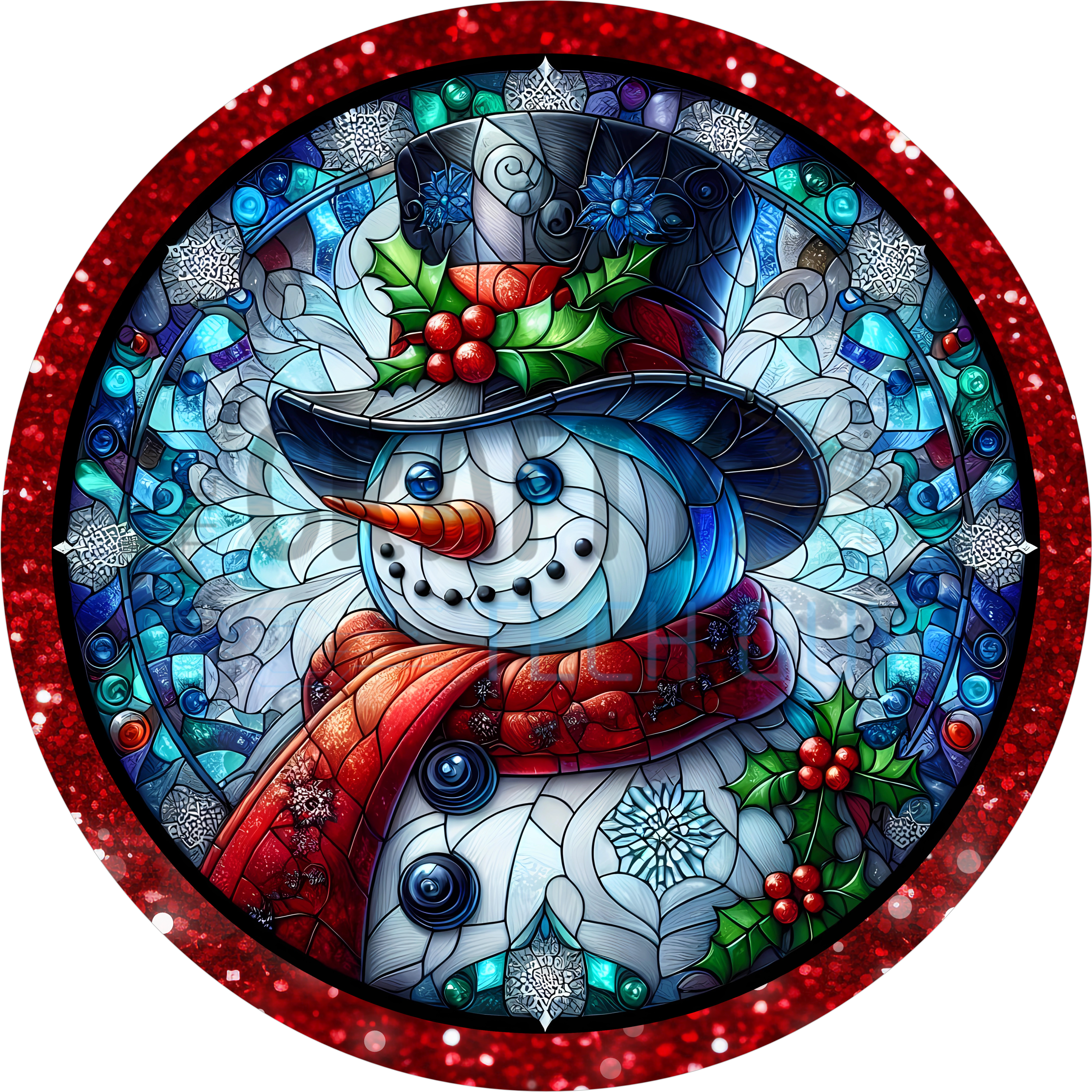 Stained Glass Snowman Christmas Sign with Red Scarf, Holly Accents, and Blue Winter Mosaic on Glittered Red Border