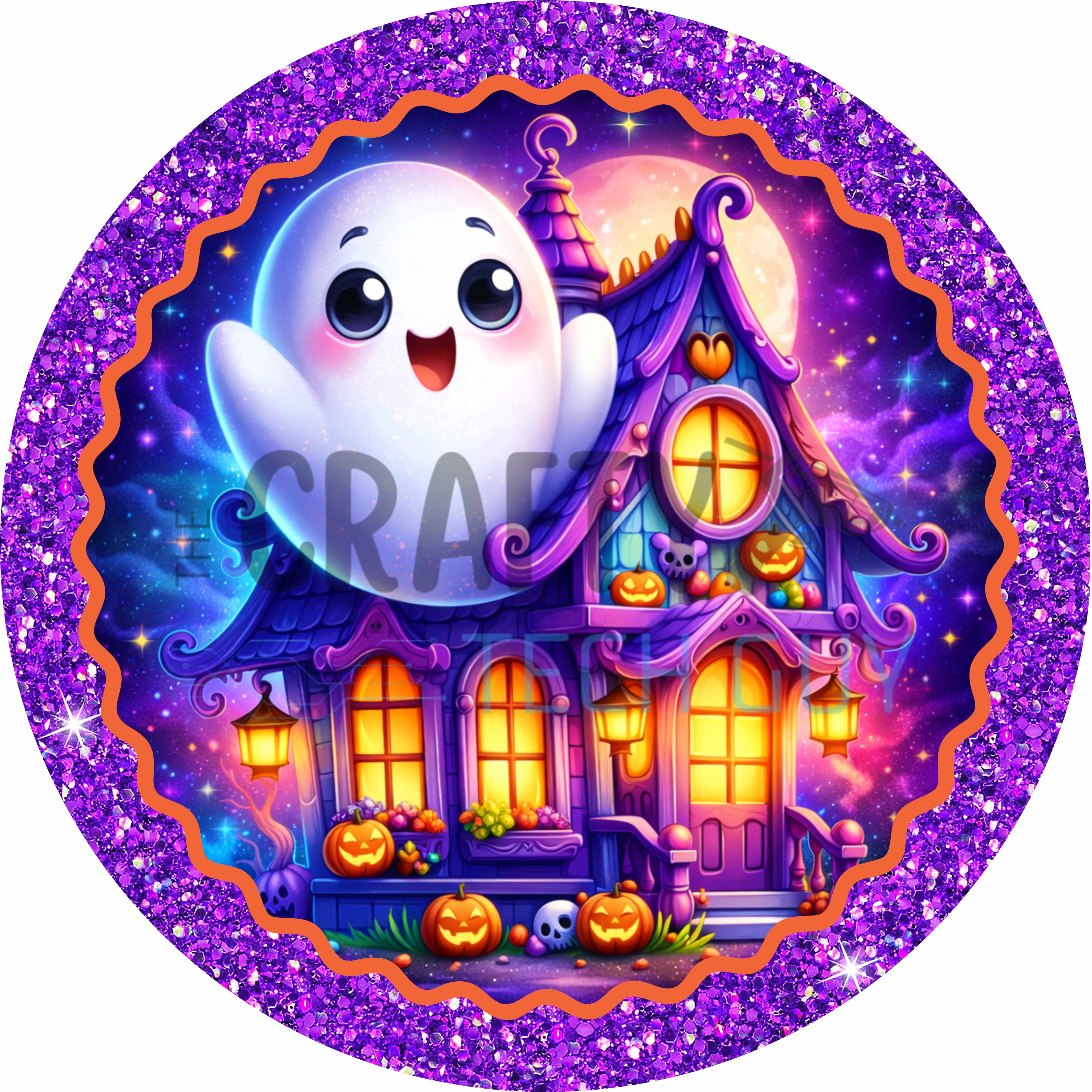 Purple Glitter Ghost Halloween House Round Wreath Sign